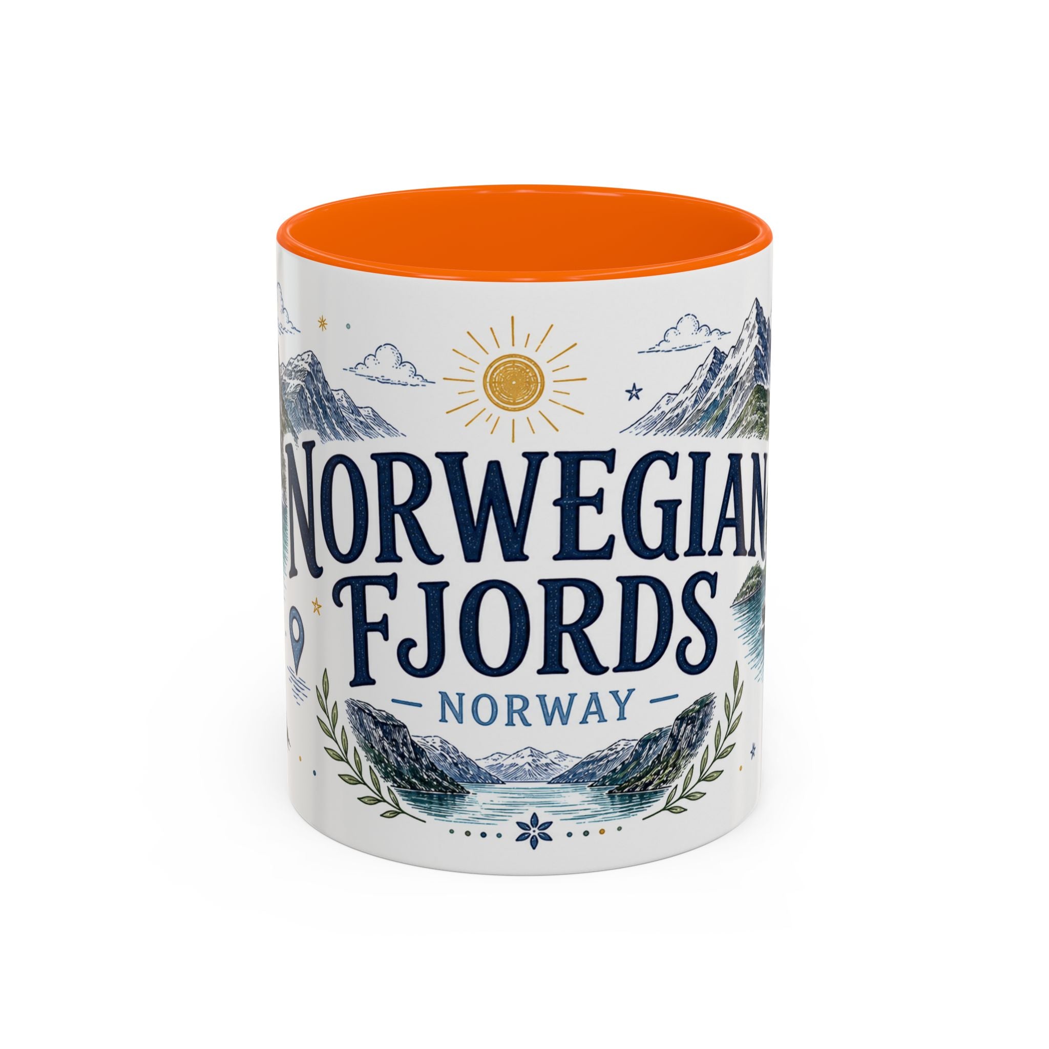 Norwegian Fjords Coffee Mug | Travel Destination Souvenir Gift | Accent Color Ceramic 11oz 15oz
