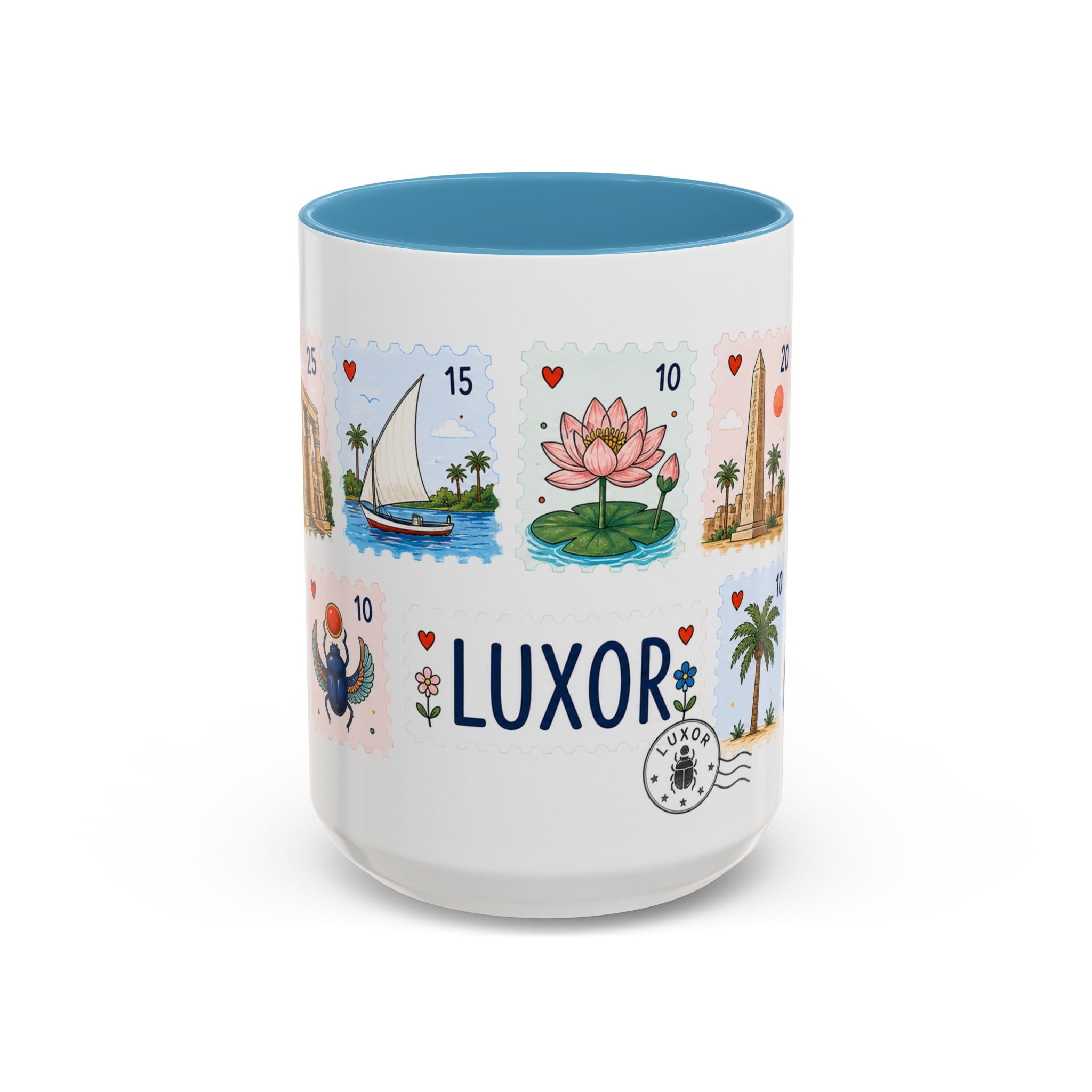 Luxor Coffee Mug | Postage Stamp Collage Mug | Travel Souvenir Accent Cup 11oz 15oz