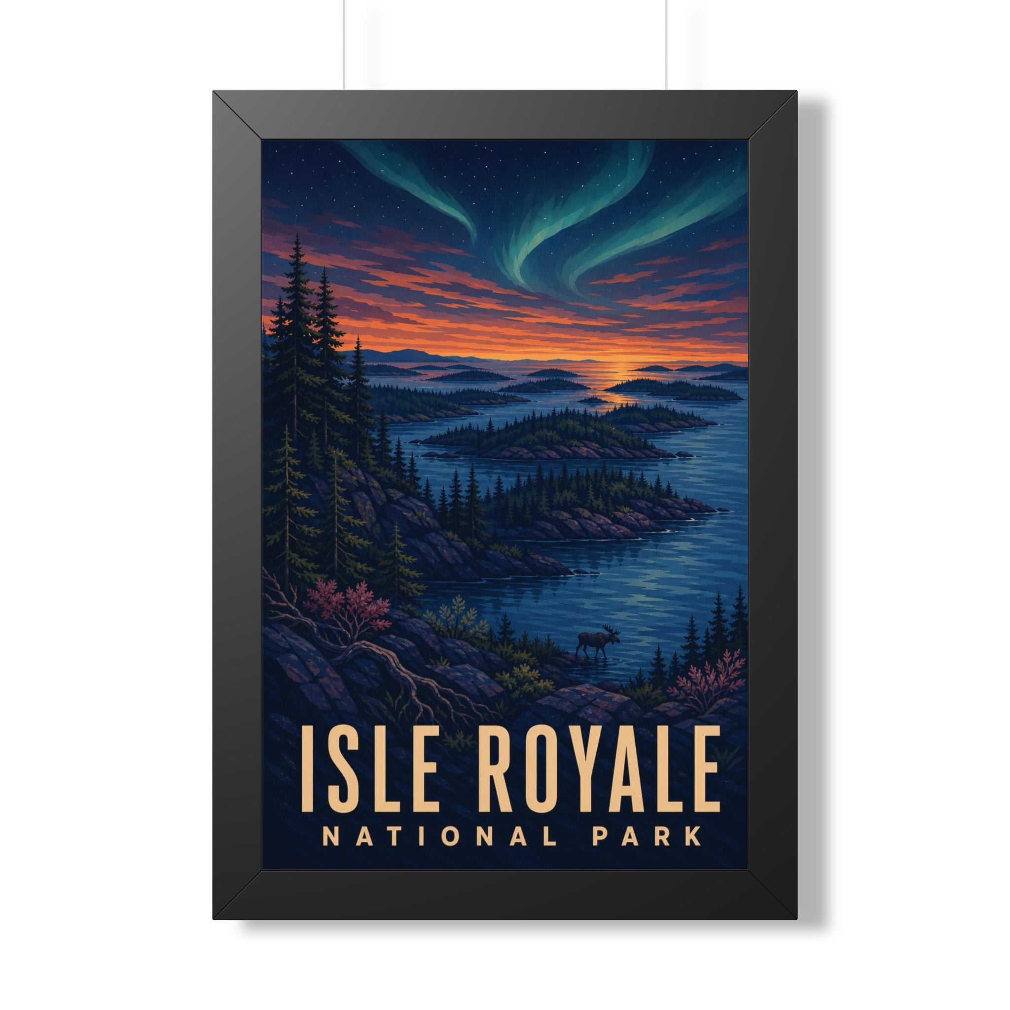 Isle Royale National Park Framed Poster | Vintage Travel Wall Art | Black Walnut White Frame | 16x24 20x30