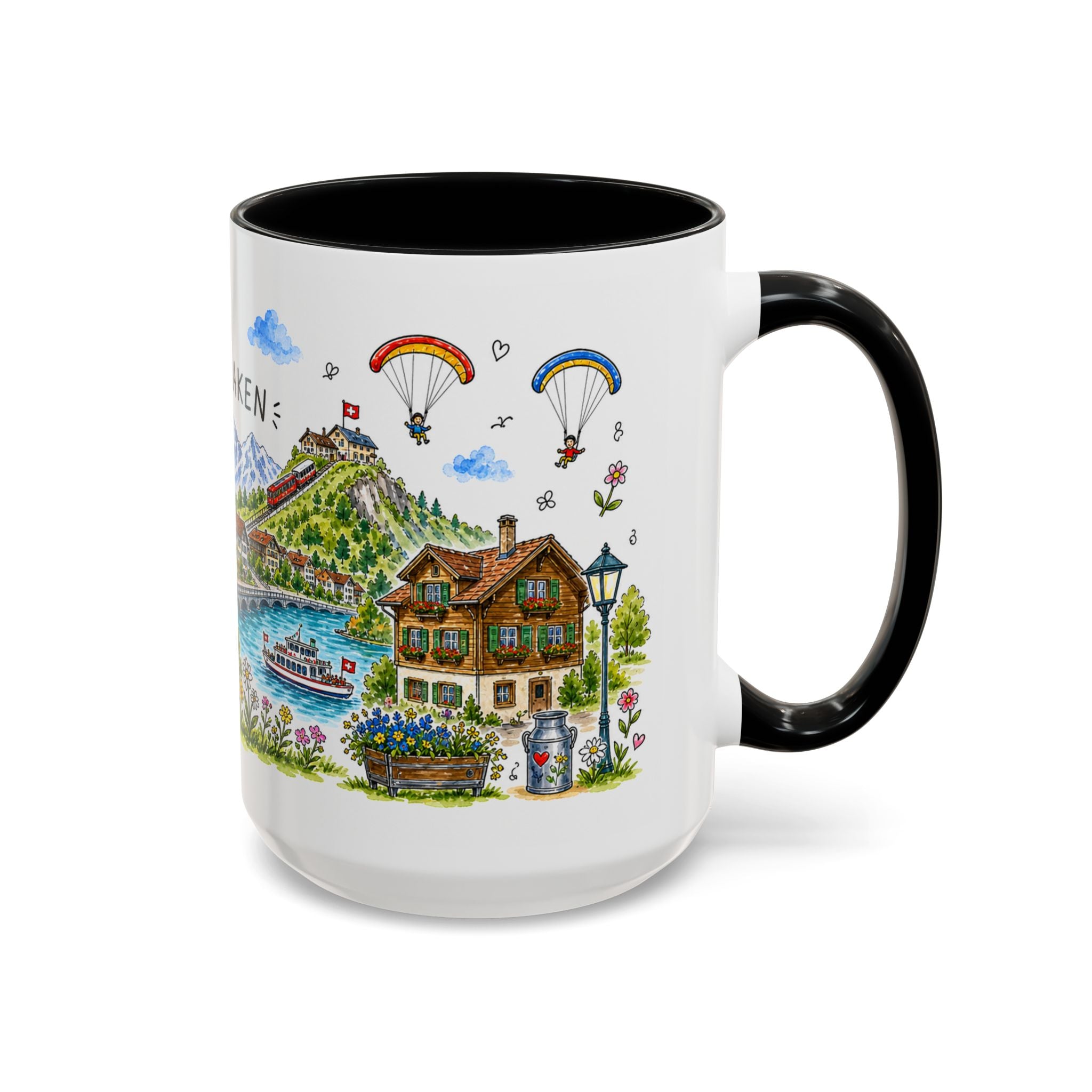 Interlaken Illustrated Travel Mug | Switzerland Souvenir Accent Coffee Mug | 11oz 15oz Ceramic Cup