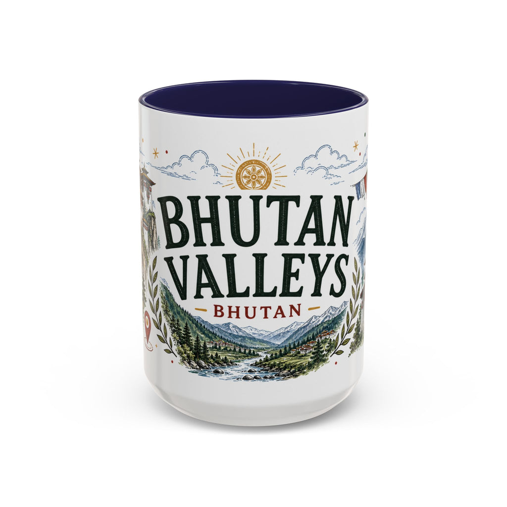 Bhutan Valleys Coffee Mug | Travel Destination Souvenir Gift | Accent Color Ceramic 11oz 15oz