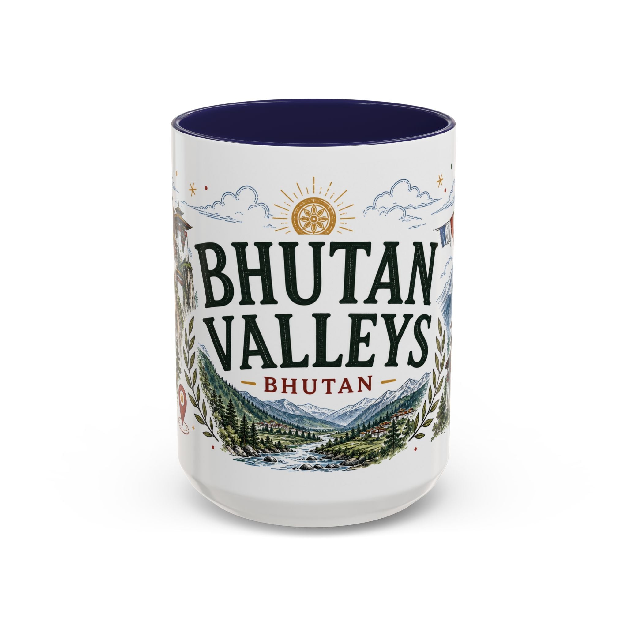 Bhutan Valleys Coffee Mug | Travel Destination Souvenir Gift | Accent Color Ceramic 11oz 15oz