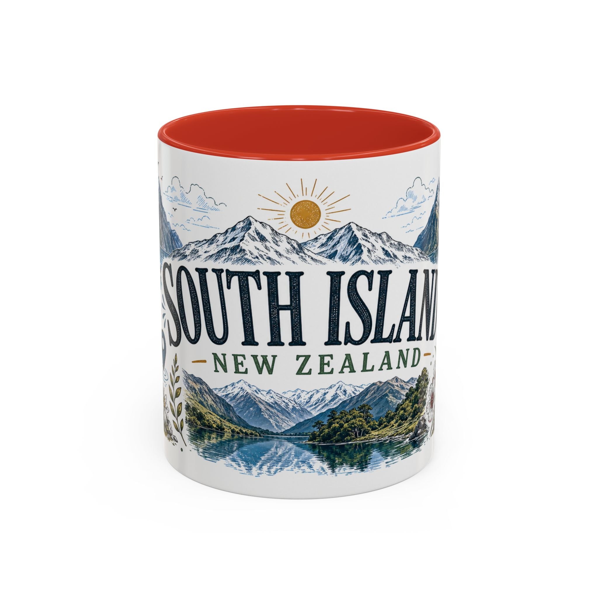 New Zealand South Island Coffee Mug | Travel Destination Souvenir Gift | Accent Color Ceramic 11oz 15oz