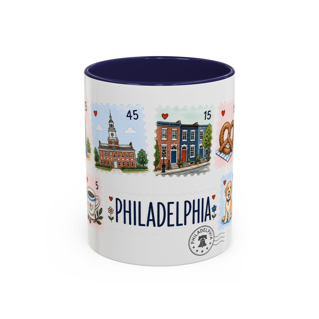 Philadelphia Coffee Mug | Postage Stamp Collage Mug | Travel Souvenir Accent Cup 11oz 15oz