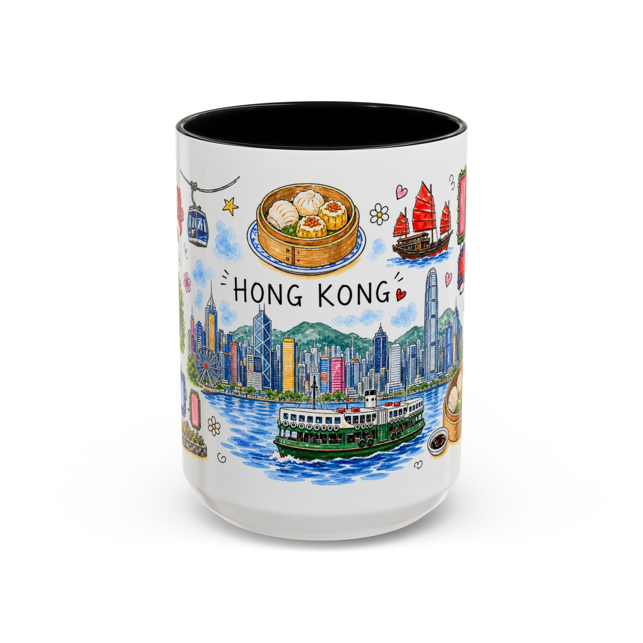 Hong Kong Illustrated Travel Mug | City Souvenir Accent Coffee Mug | 11oz 15oz Ceramic Cup