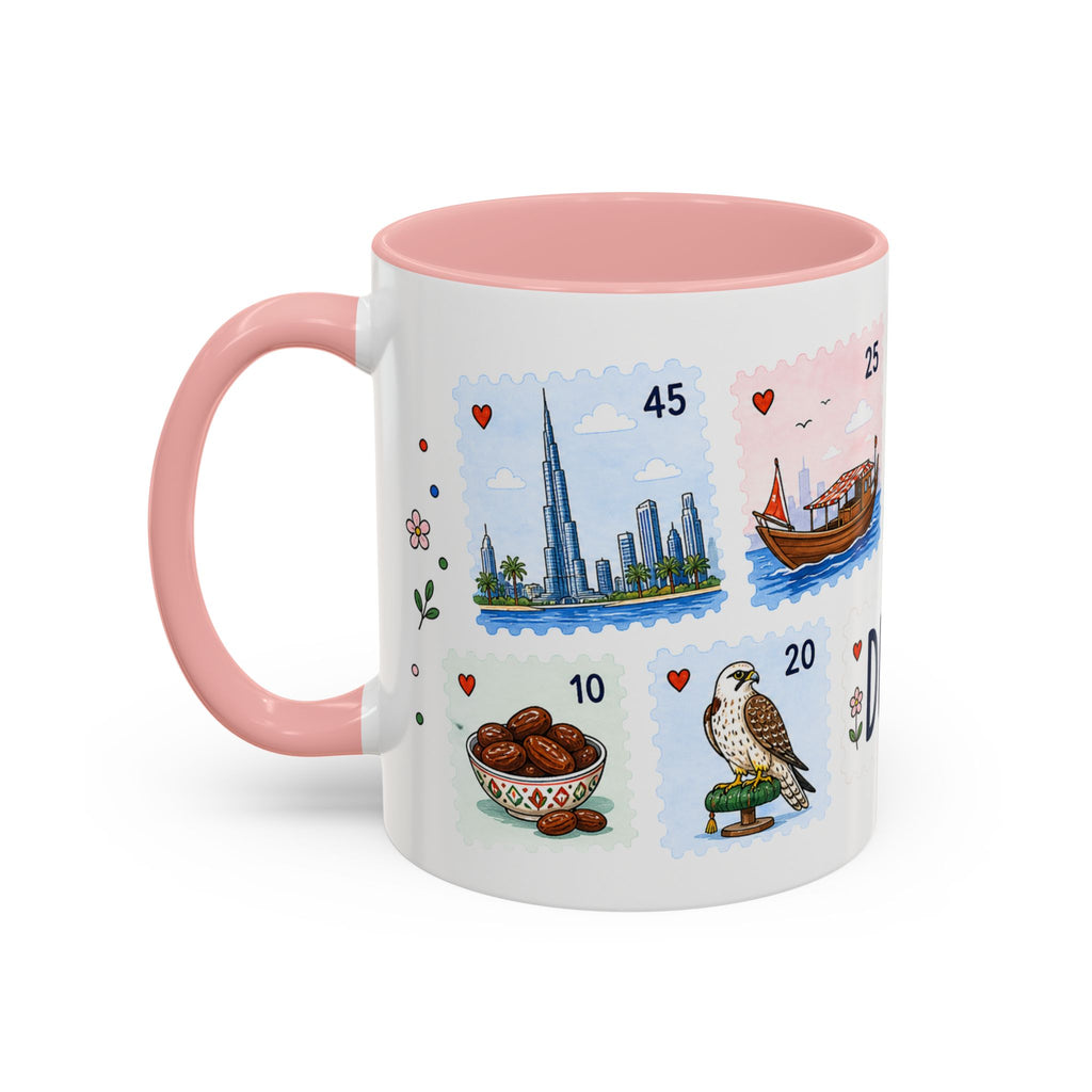 Dubai Coffee Mug | Postage Stamp Collage Mug | Travel Souvenir Accent Cup 11oz 15oz