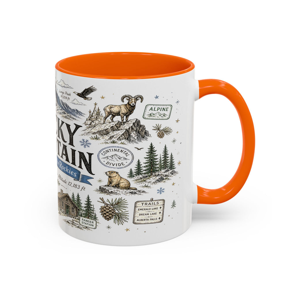 Rocky Mountain Coffee Mug | National Park Hiking Camping Gift | Accent Color Ceramic 11oz 15oz