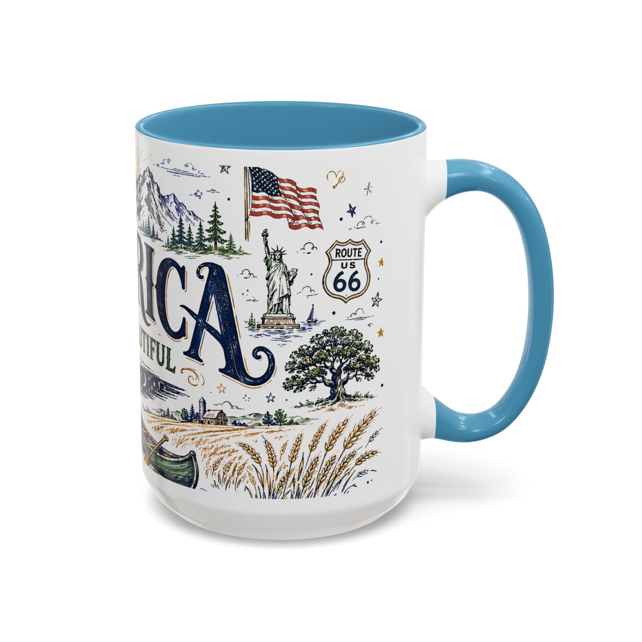 America the Beautiful Coffee Mug | Patriotic USA Gift | Accent Color Ceramic 11oz 15oz