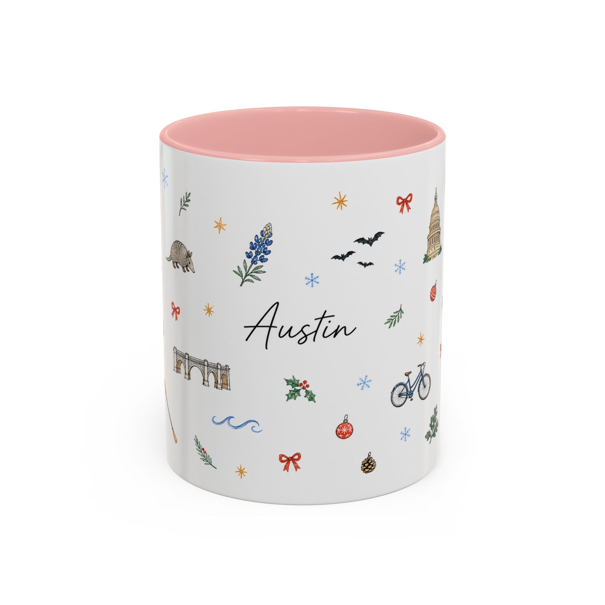 Austin Christmas Mug | Watercolor Travel Souvenir | Holiday Gift | Accent Ceramic Coffee Cup 11oz 15oz