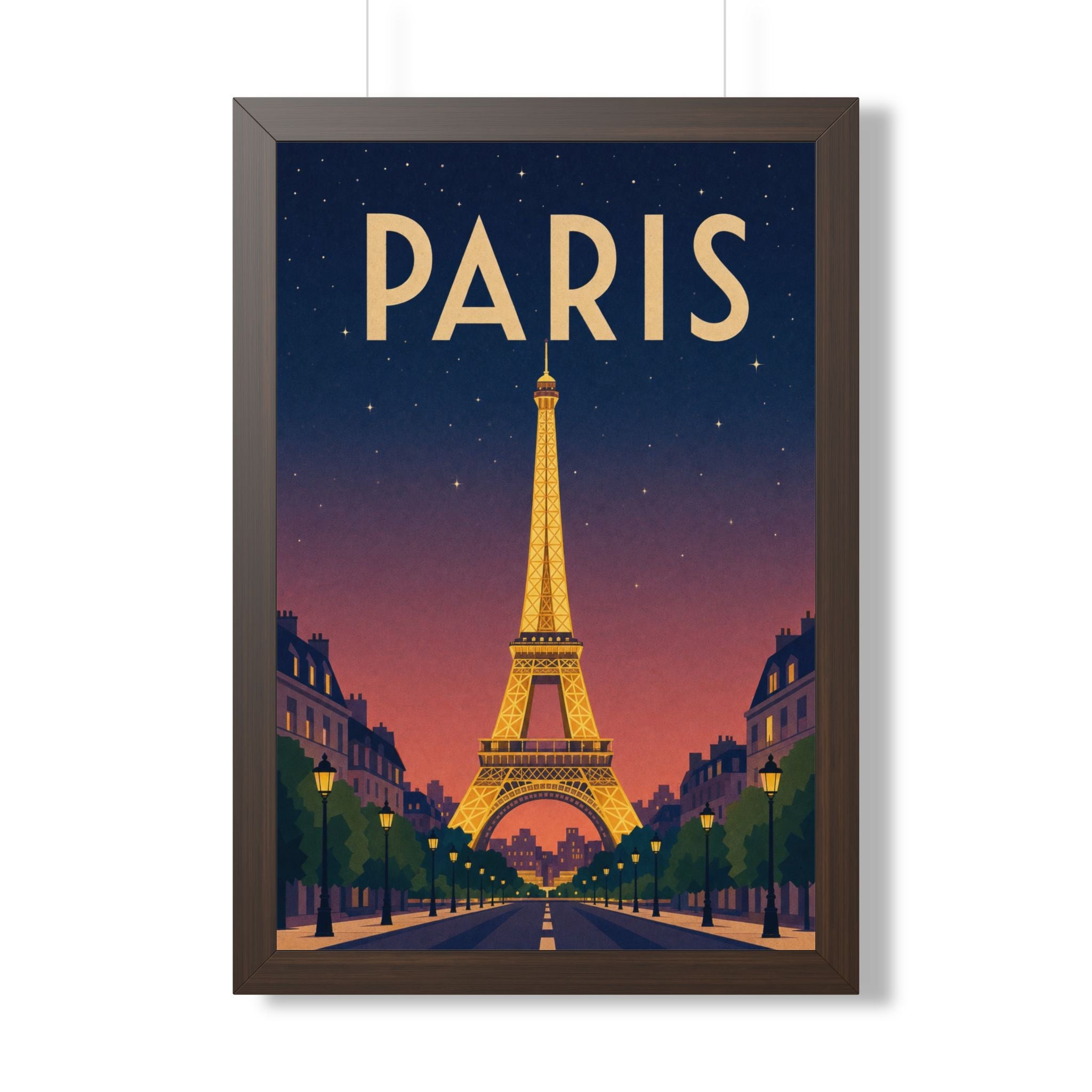 Paris at Night France Framed Poster | Vintage Travel Wall Art | Black Walnut White Frame | 16x24 20x30