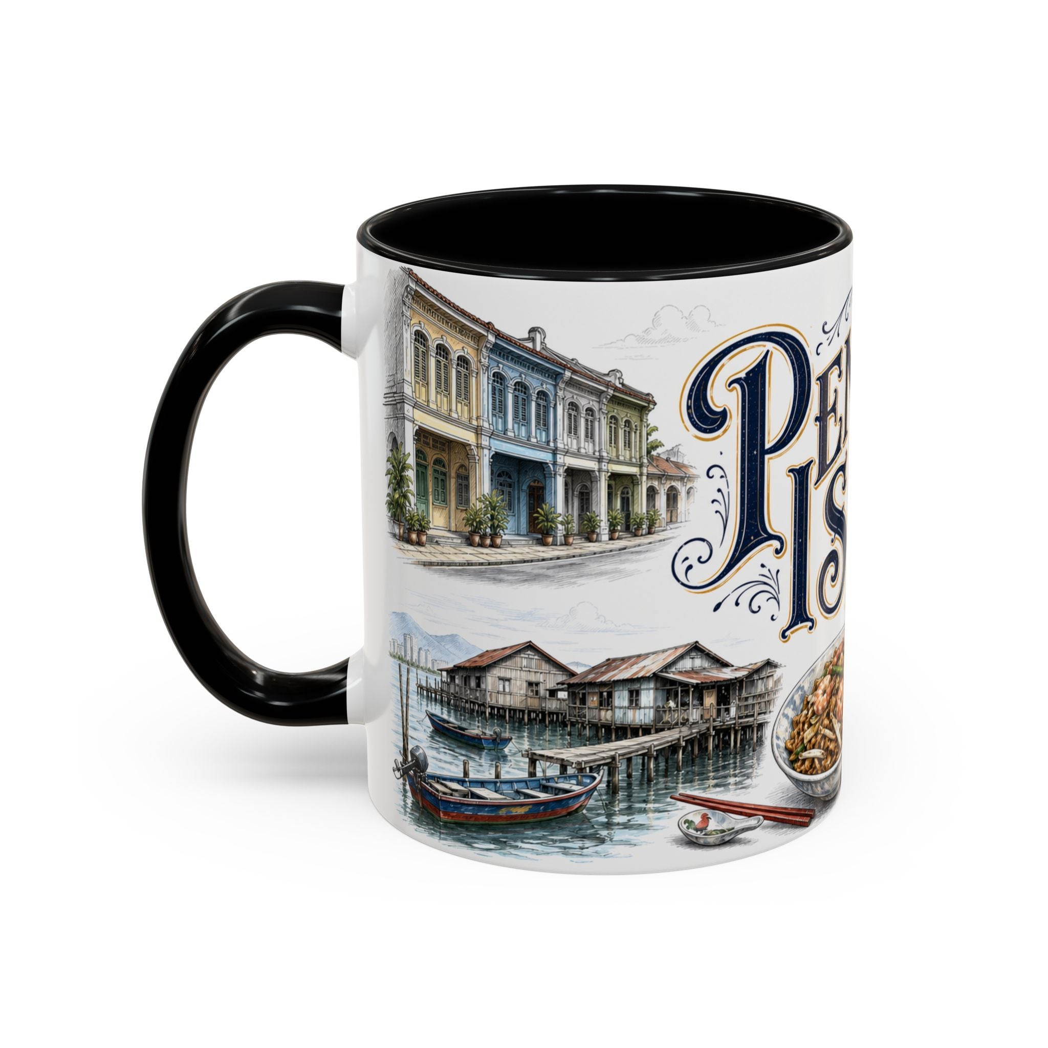 Penang Island Coffee Mug | Malaysia Travel Souvenir | Vintage Illustrated City Gift | 11 oz 15 oz Accent Mug