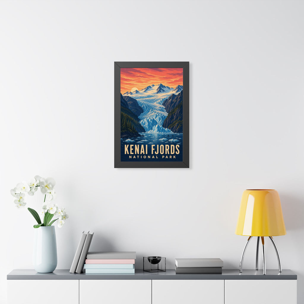 Kenai Fjords National Park Framed Poster | Vintage Travel Wall Art | Black Walnut White Frame | 16x24 20x30