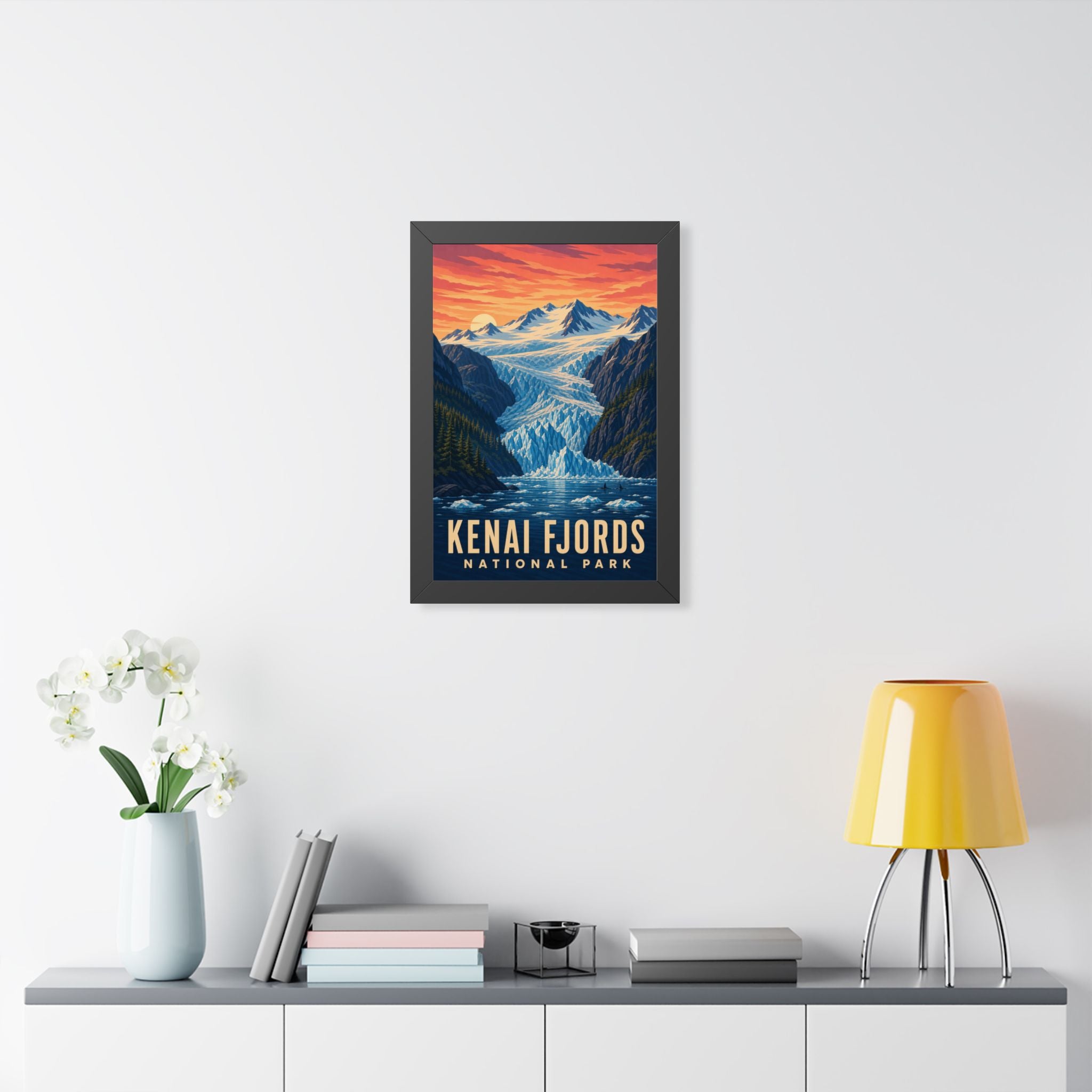 Kenai Fjords National Park Framed Poster | Vintage Travel Wall Art | Black Walnut White Frame | 16x24 20x30