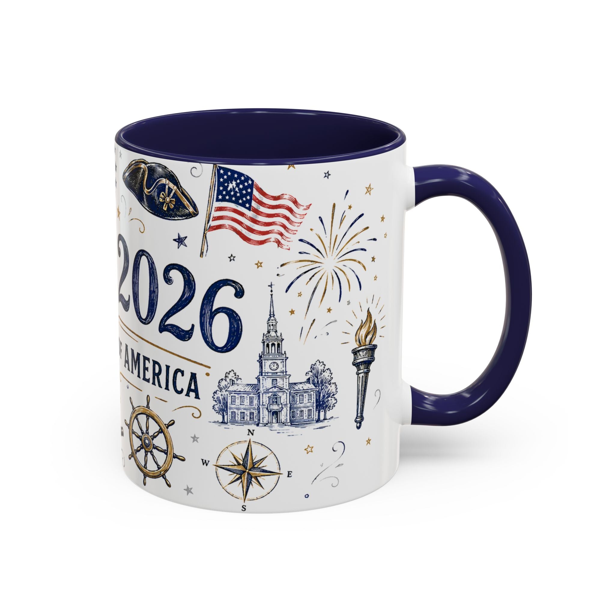 America 250 Coffee Mug | 1776-2026 Patriotic 4th of July Gift | Accent Color Ceramic 11oz 15oz