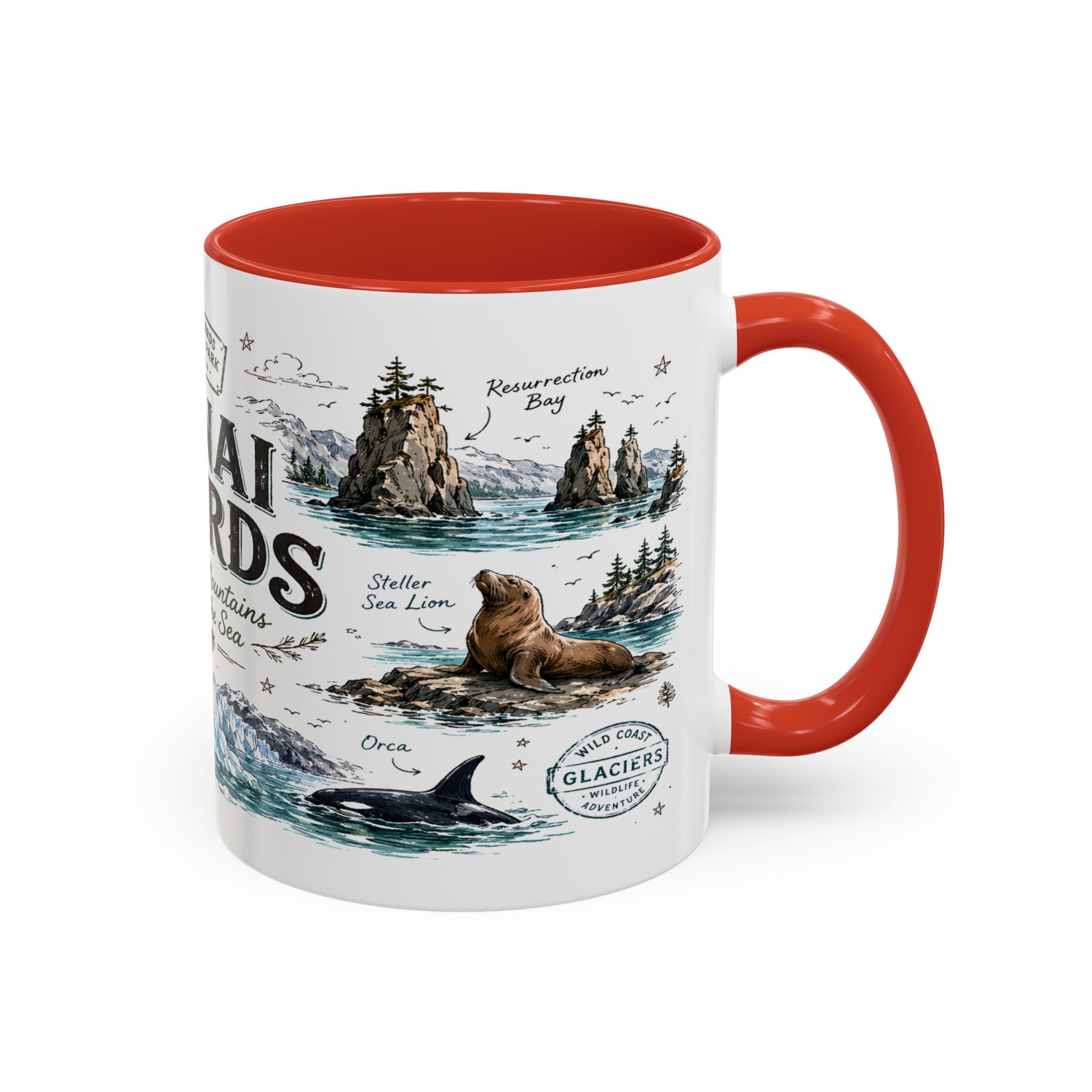 Kenai Fjords National Park Coffee Mug | Alaska Coastal Wildlife Hiking Gift | Accent Color Ceramic 11oz 15oz