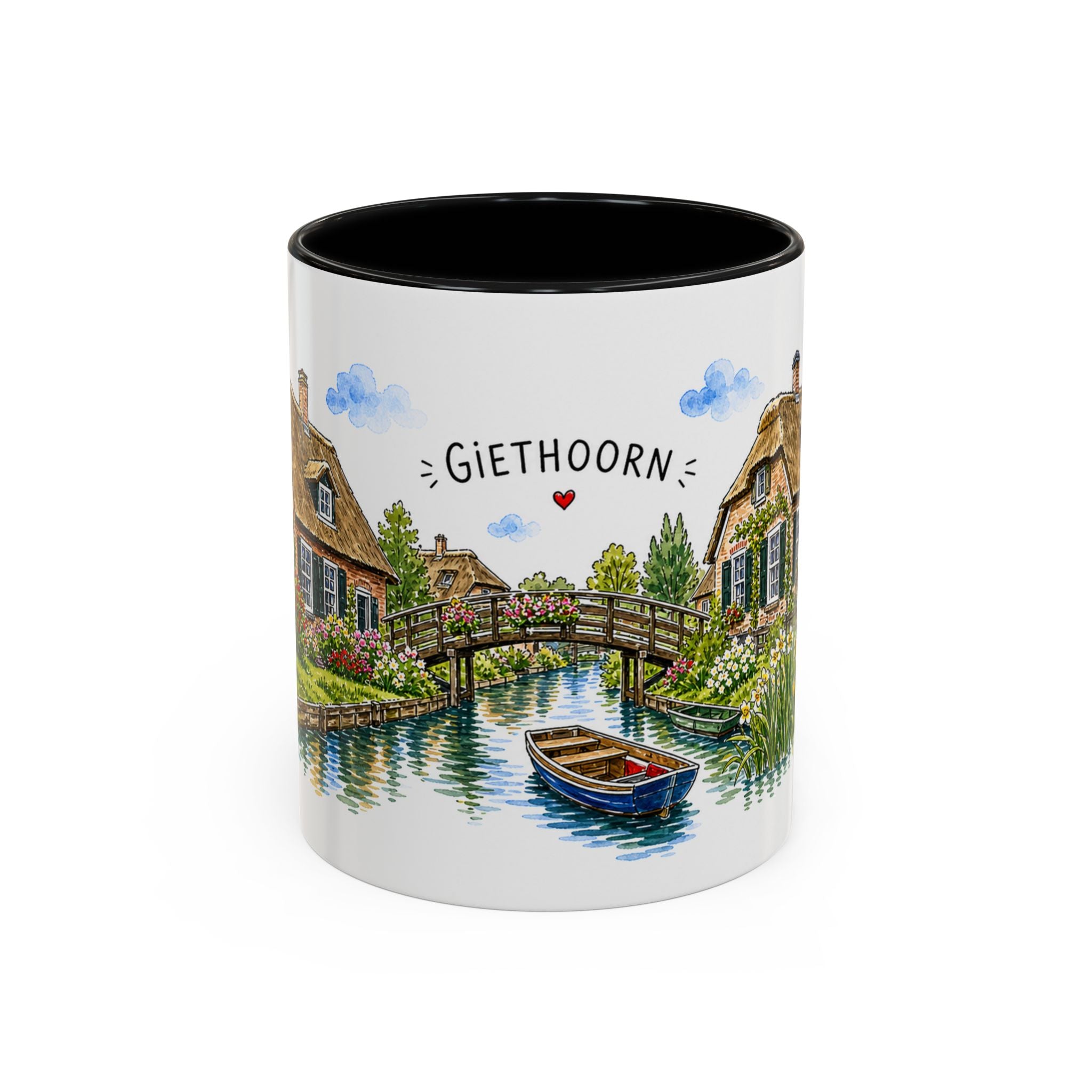 Giethoorn Illustrated Travel Mug | Netherlands Souvenir Accent Coffee Mug | 11oz 15oz Ceramic Cup