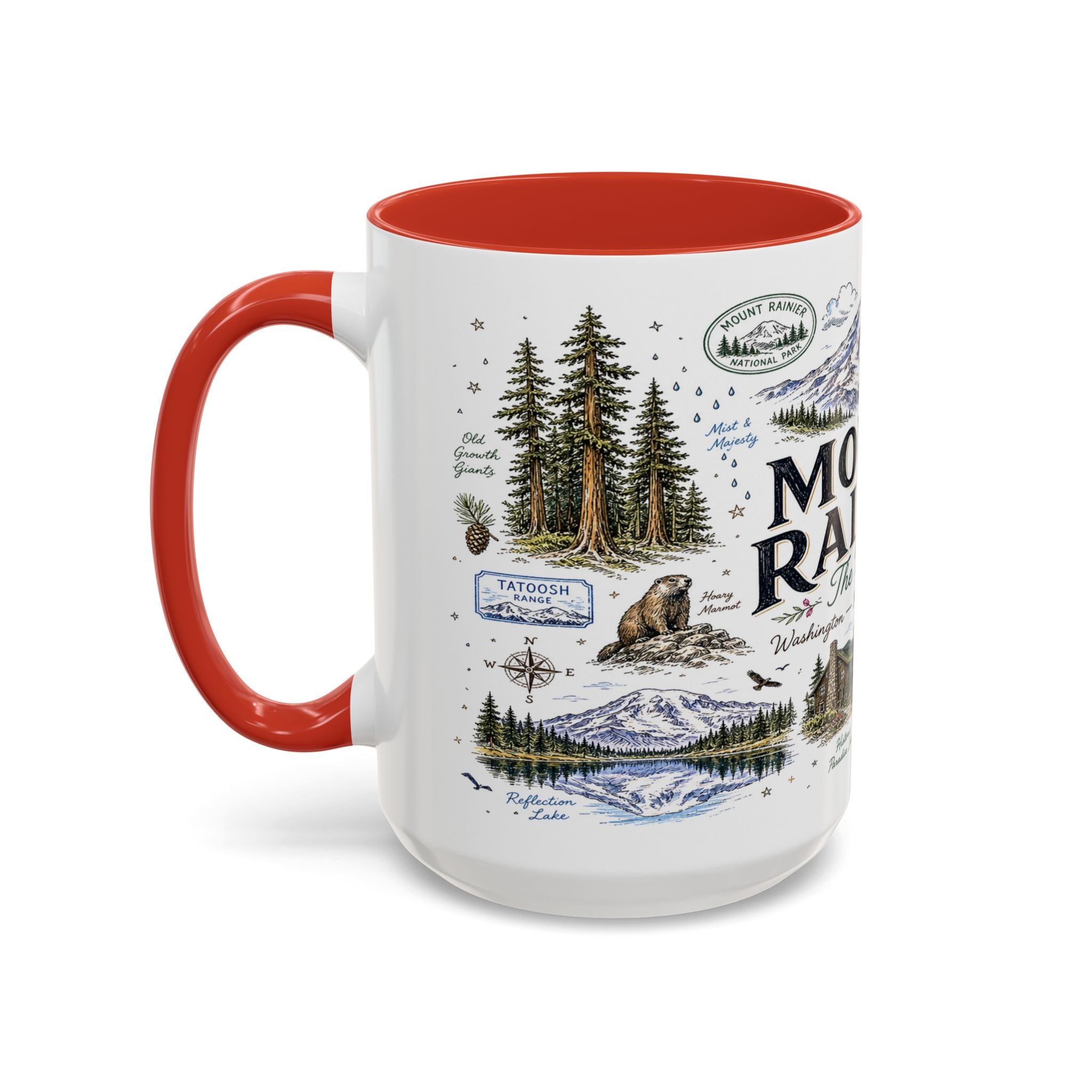 Mount Rainier Coffee Mug | National Park Hiking Washington Gift | Accent Color Ceramic 11oz 15oz