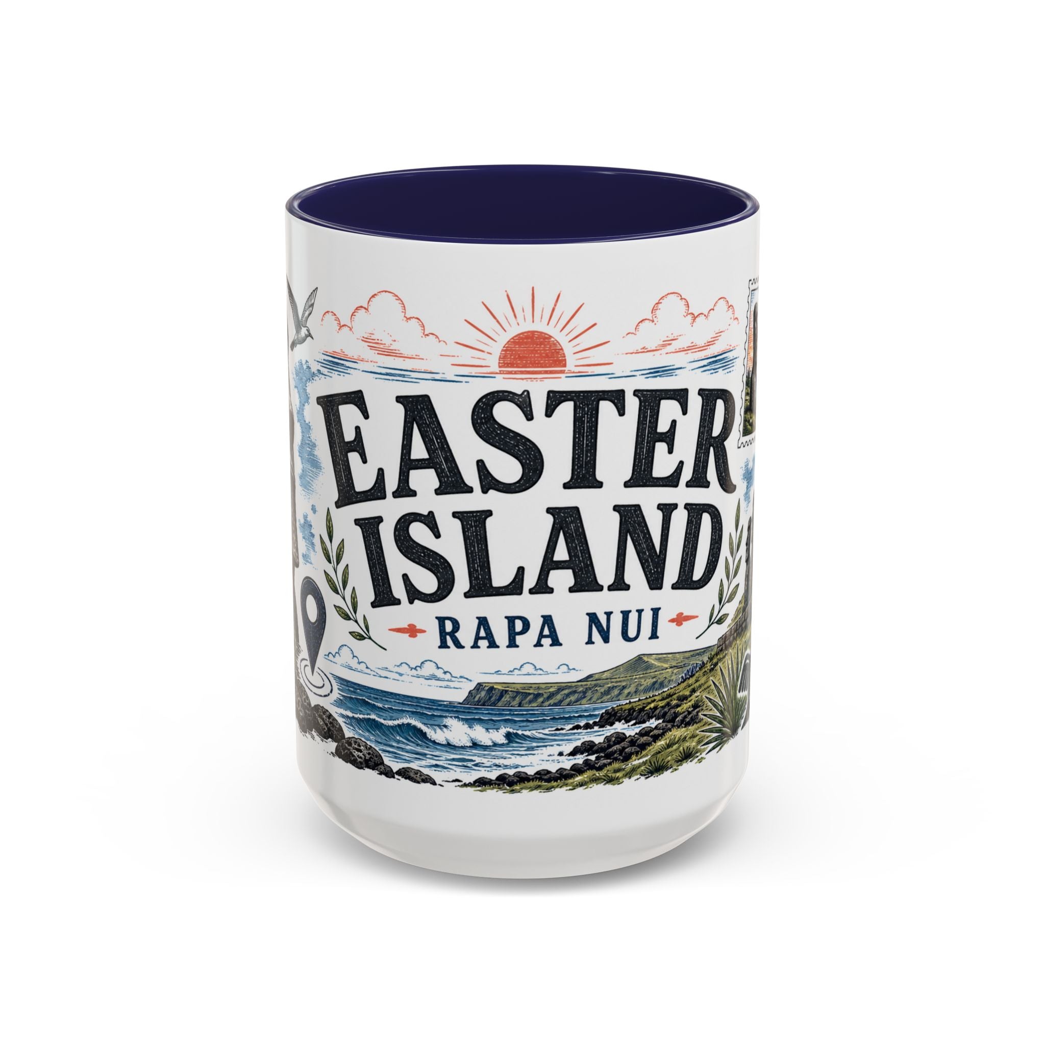 Easter Island Coffee Mug | Travel Destination Souvenir Gift | Accent Color Ceramic 11oz 15oz