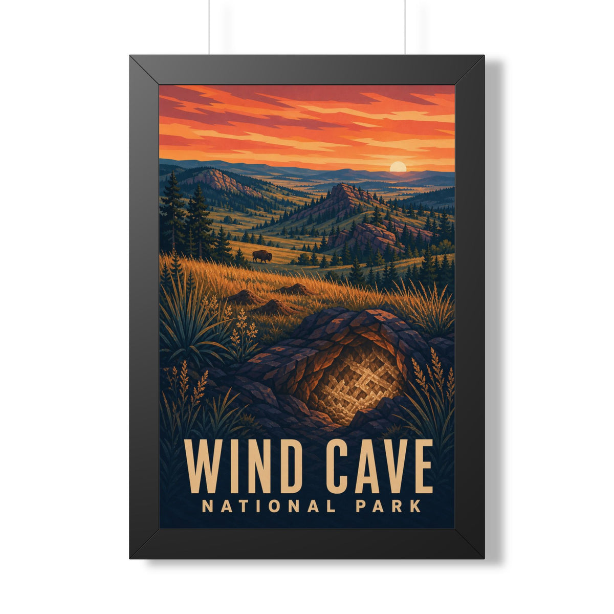 Wind Cave National Park Framed Poster | Vintage Travel Wall Art | Black Walnut White Frame | 16x24 20x30