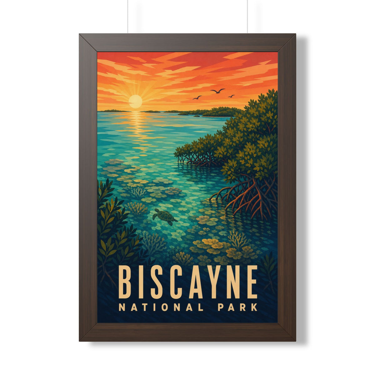 Biscayne National Park Framed Poster | Vintage Travel Wall Art | Black Walnut White Frame | 16x24 20x30