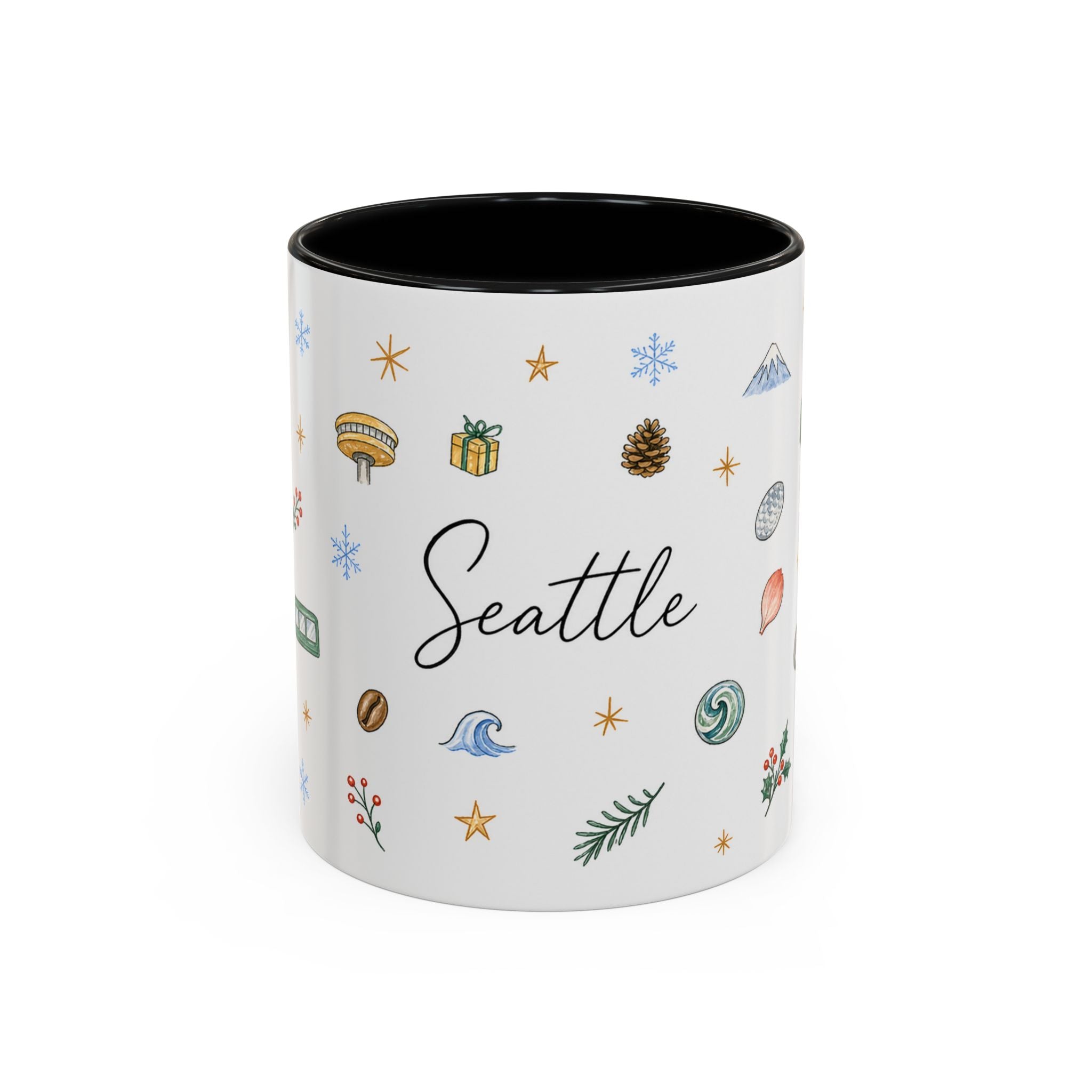 Seattle Christmas Mug | Watercolor Travel Souvenir | Holiday Gift | Accent Ceramic Coffee Cup 11oz 15oz
