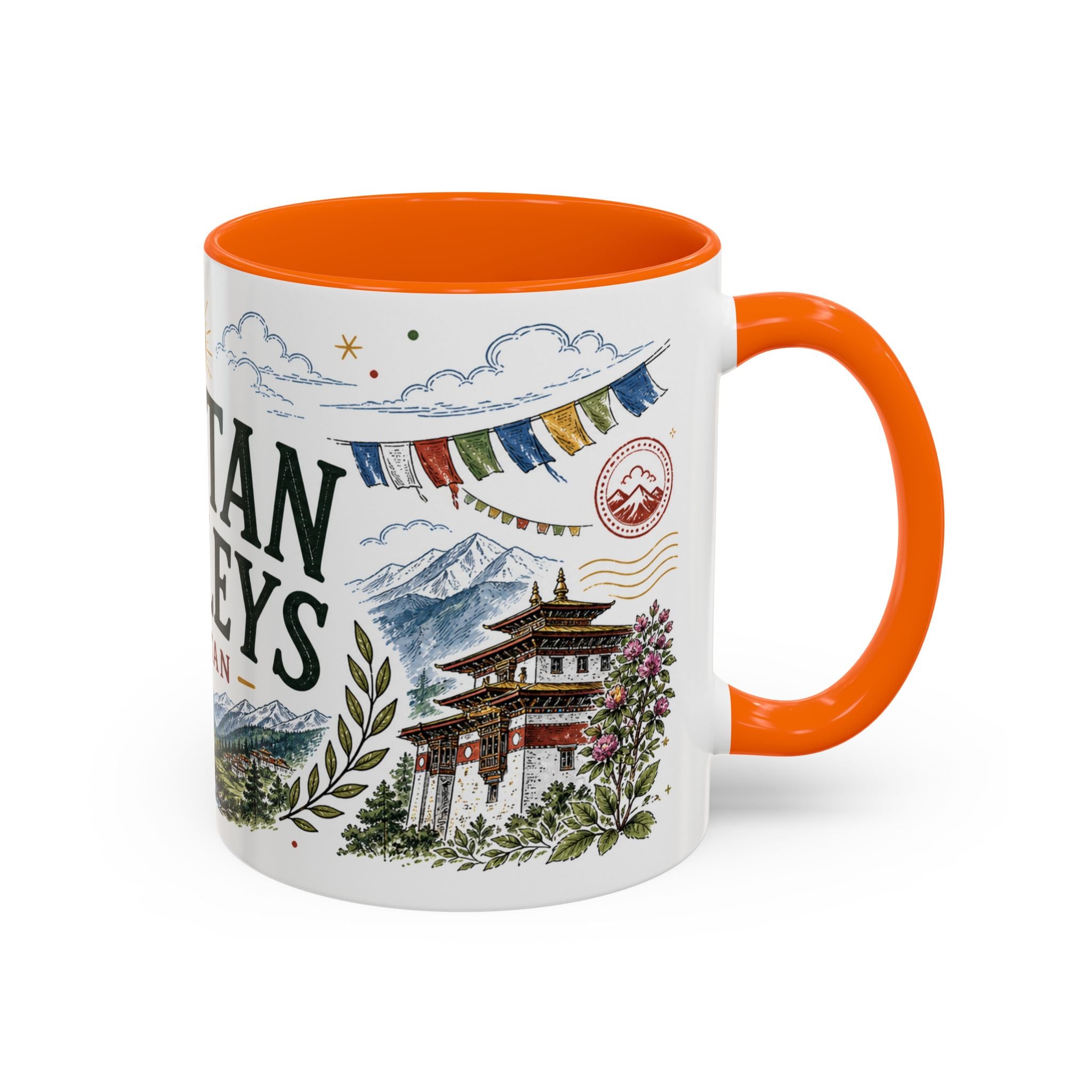 Bhutan Valleys Coffee Mug | Travel Destination Souvenir Gift | Accent Color Ceramic 11oz 15oz