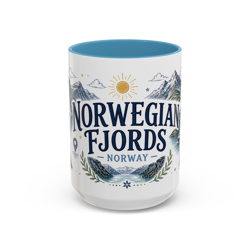 Norwegian Fjords Coffee Mug | Travel Destination Souvenir Gift | Accent Color Ceramic 11oz 15oz