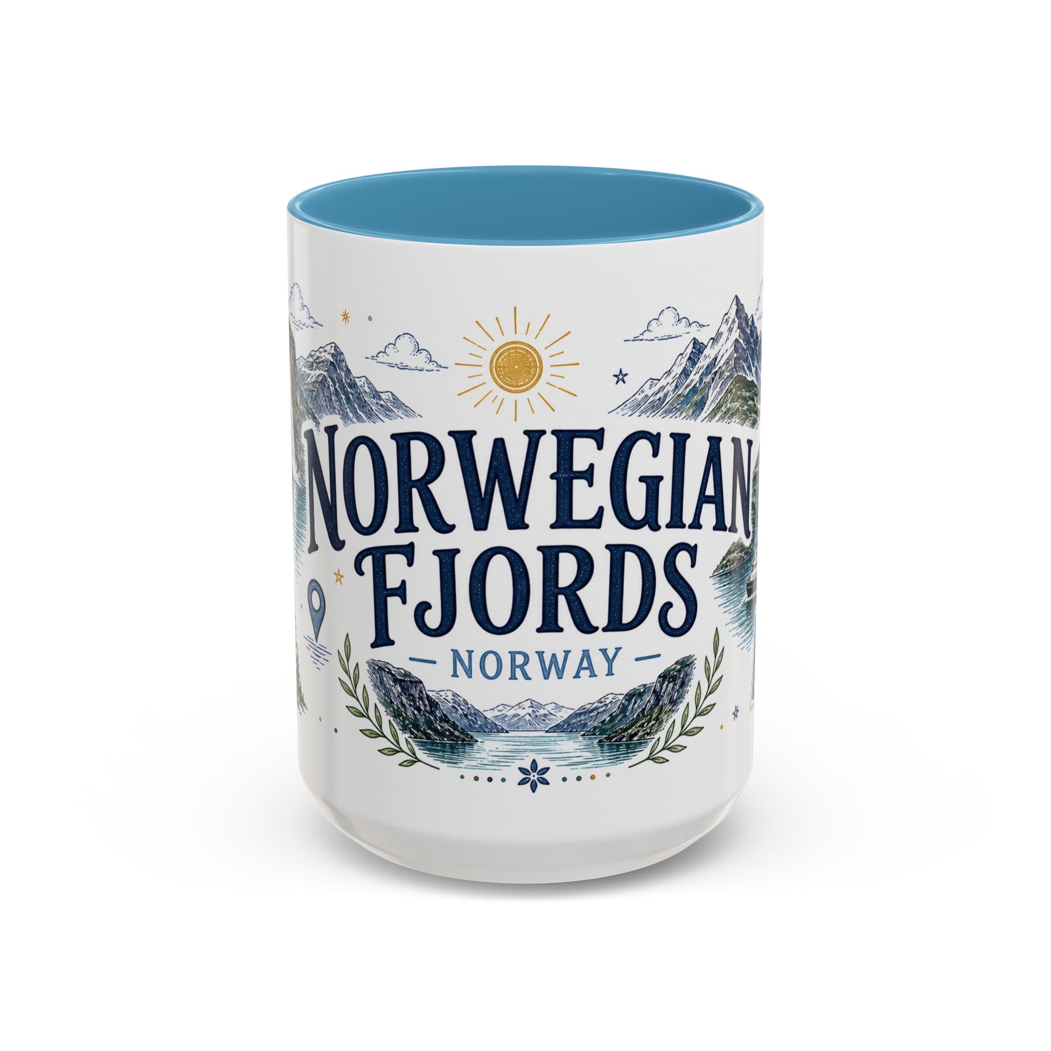 Norwegian Fjords Coffee Mug | Travel Destination Souvenir Gift | Accent Color Ceramic 11oz 15oz