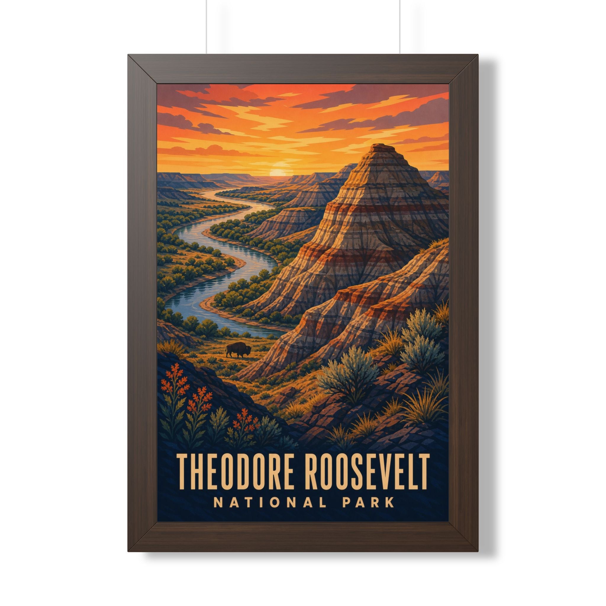Theodore Roosevelt National Park Framed Poster | Vintage Travel Wall Art | Black Walnut White Frame | 16x24 20x30