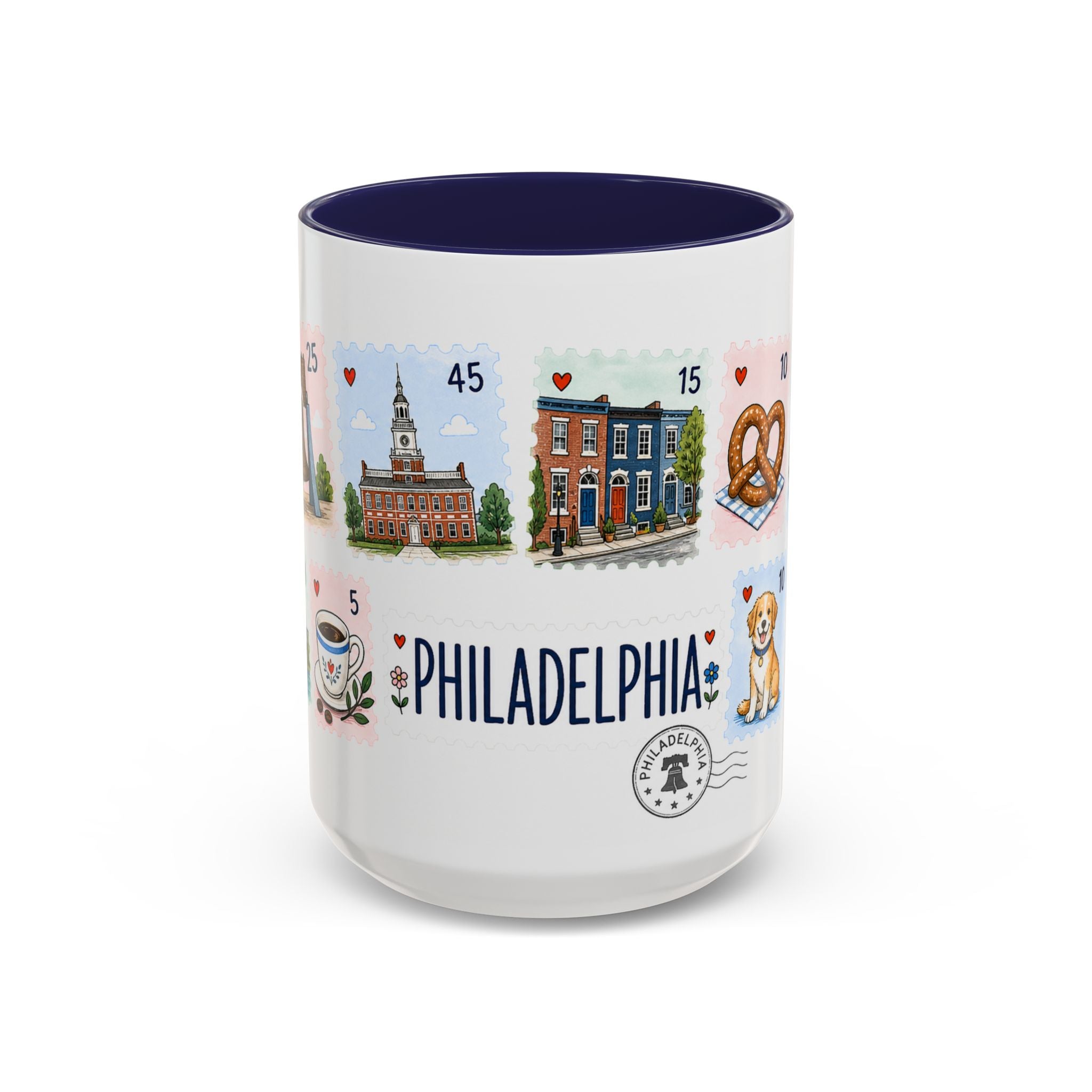 Philadelphia Coffee Mug | Postage Stamp Collage Mug | Travel Souvenir Accent Cup 11oz 15oz