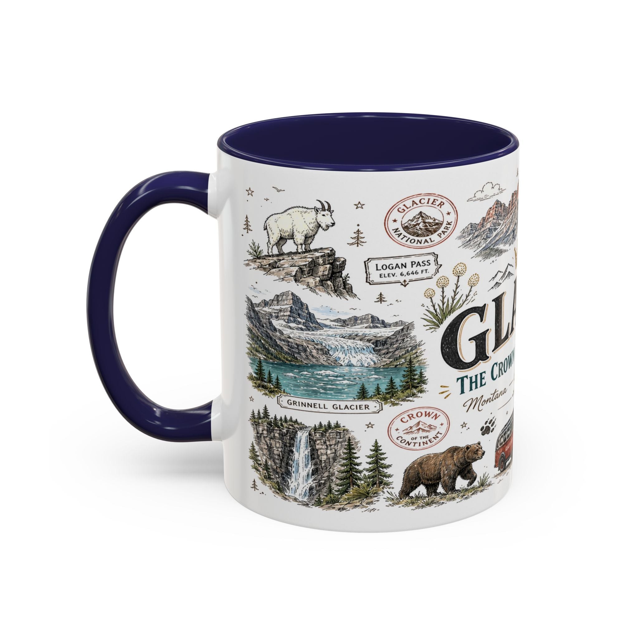 Glacier Coffee Mug | National Park Hiking Montana Gift | Accent Color Ceramic 11oz 15oz