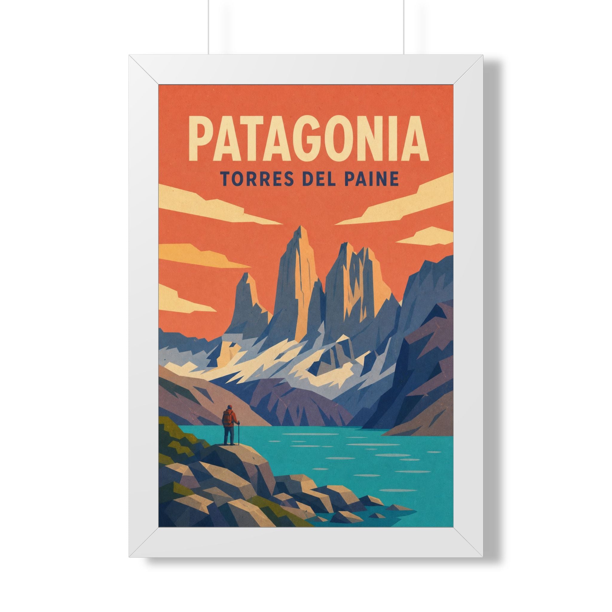Torres del Paine Chile Framed Poster | Vintage Travel Wall Art | Black Walnut White Frame | 16x24 20x30