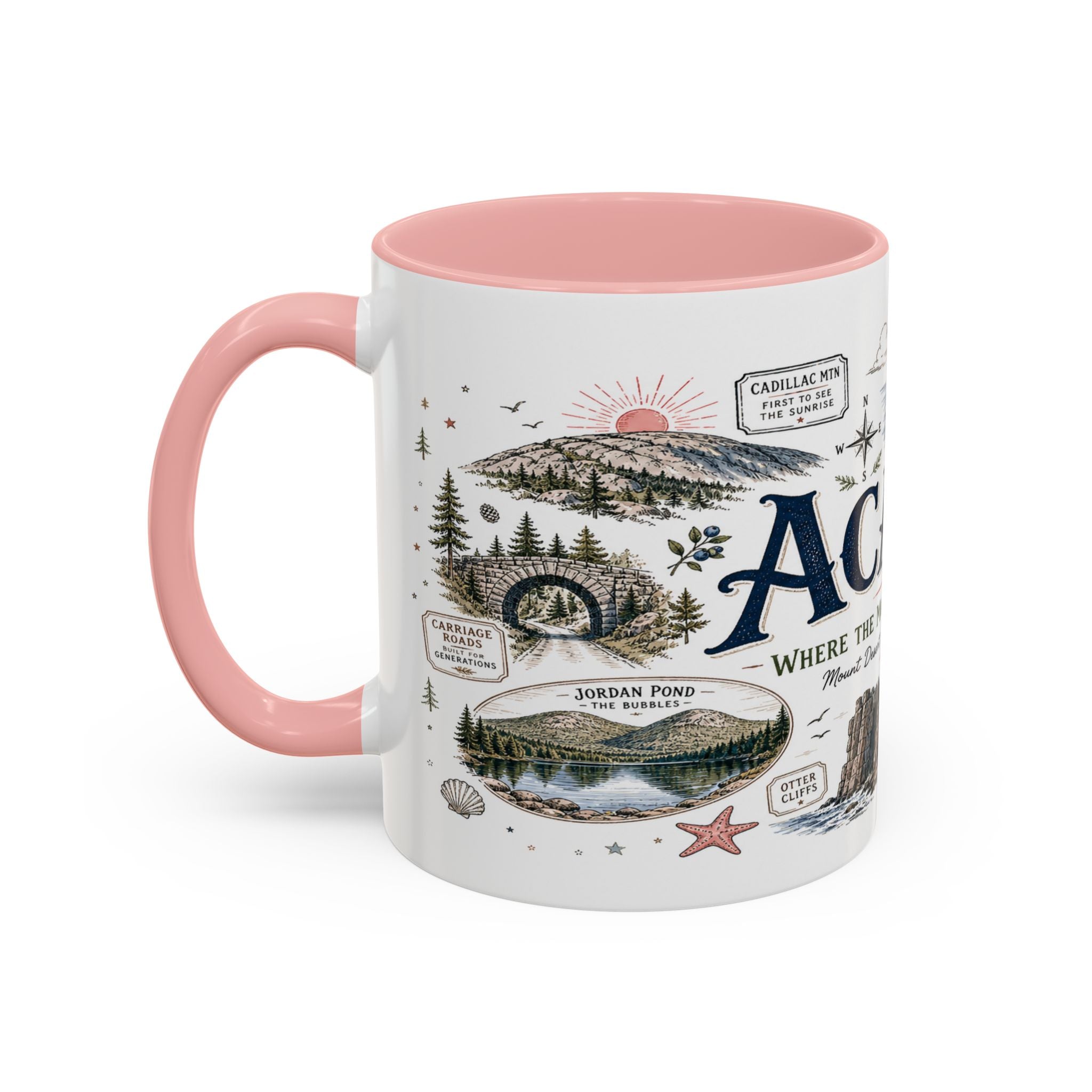 Acadia Coffee Mug | National Park Hiking Coastal Gift | Accent Color Ceramic 11oz 15oz