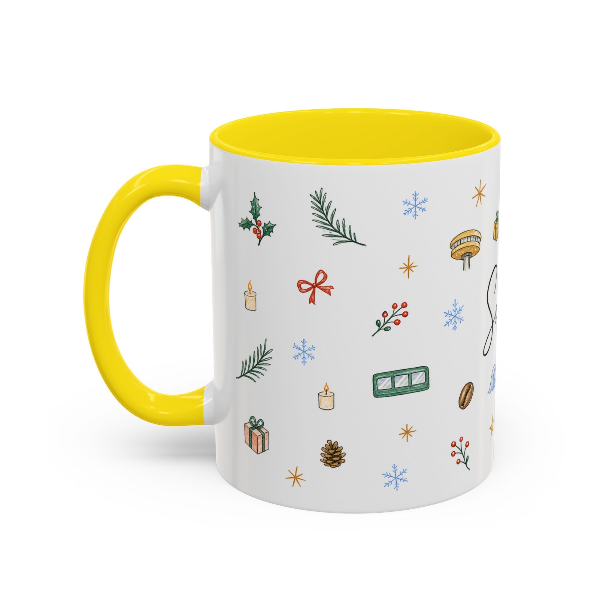 Seattle Christmas Mug | Watercolor Travel Souvenir | Holiday Gift | Accent Ceramic Coffee Cup 11oz 15oz