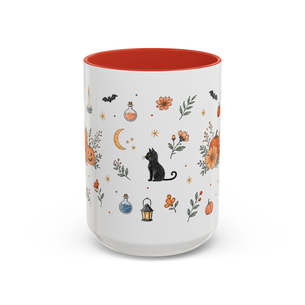 Black Cat Halloween Mug | Pumpkin Moon Watercolor Gift | Spooky Accent Cup 11oz 15oz