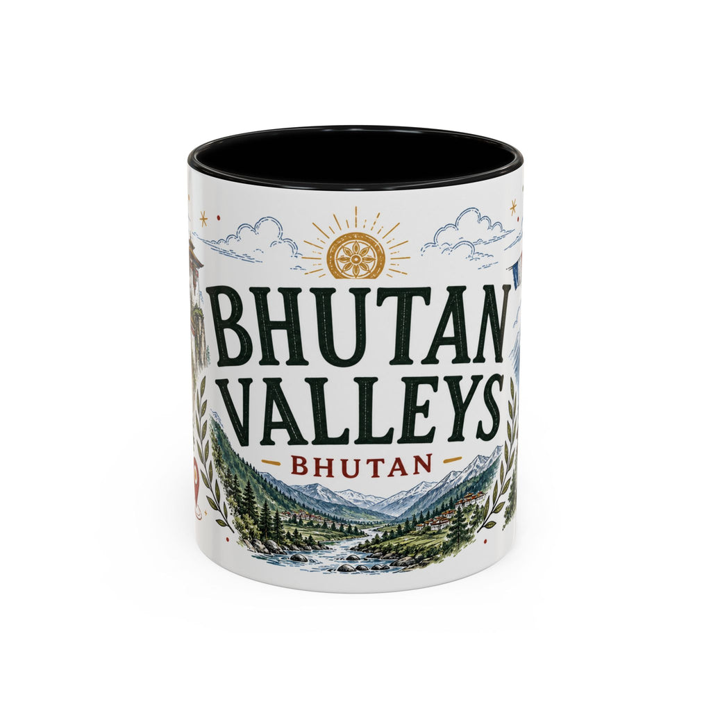 Bhutan Valleys Coffee Mug | Travel Destination Souvenir Gift | Accent Color Ceramic 11oz 15oz