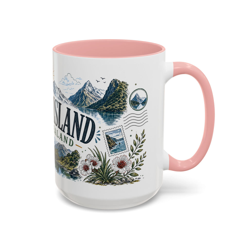 New Zealand South Island Coffee Mug | Travel Destination Souvenir Gift | Accent Color Ceramic 11oz 15oz