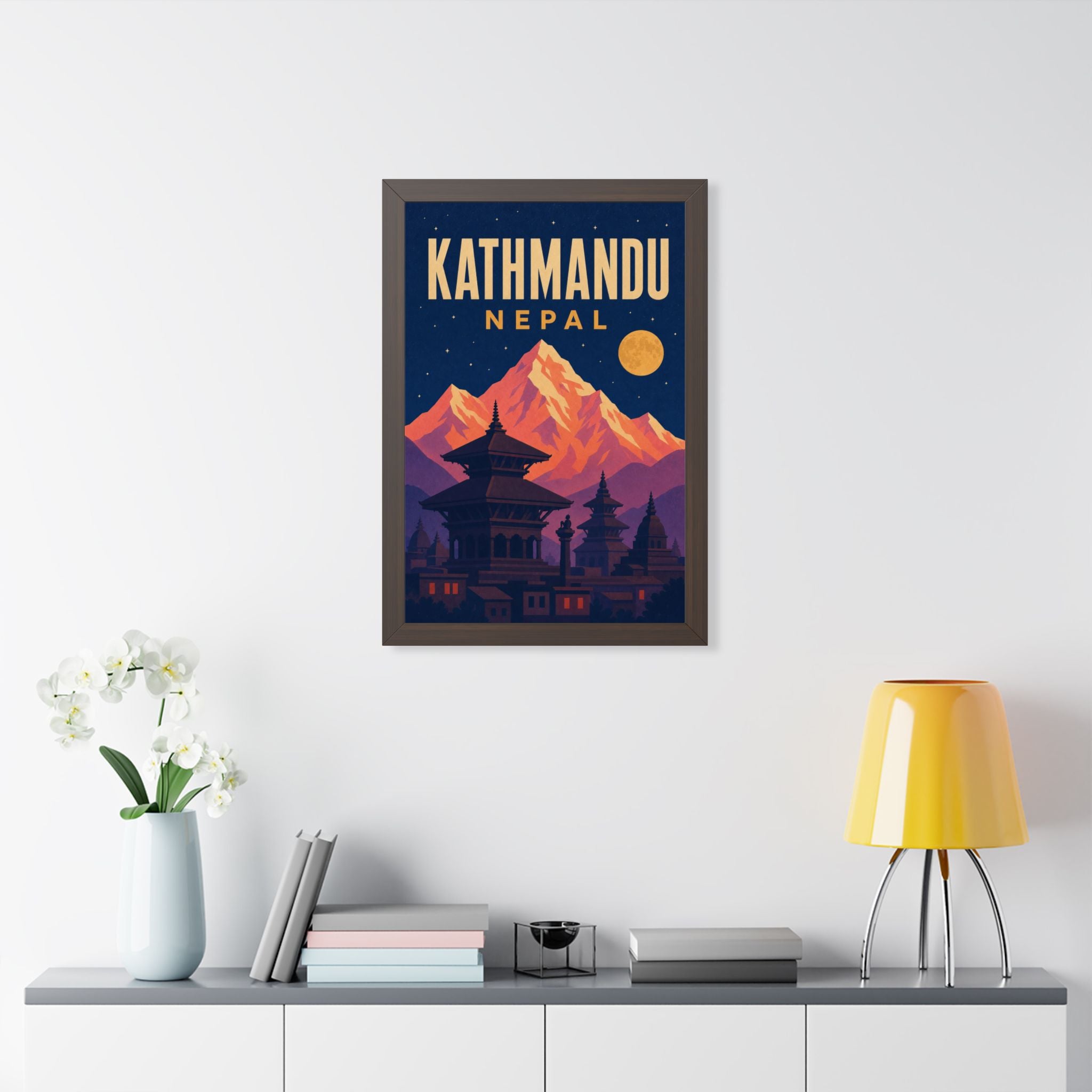 Kathmandu Nepal Framed Poster | Vintage Travel Wall Art | Black Walnut White Frame | 16x24 20x30