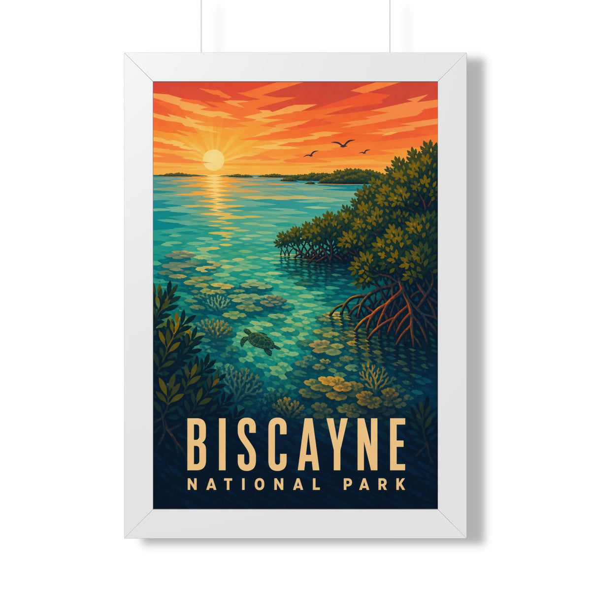 Biscayne National Park Framed Poster | Vintage Travel Wall Art | Black Walnut White Frame | 16x24 20x30