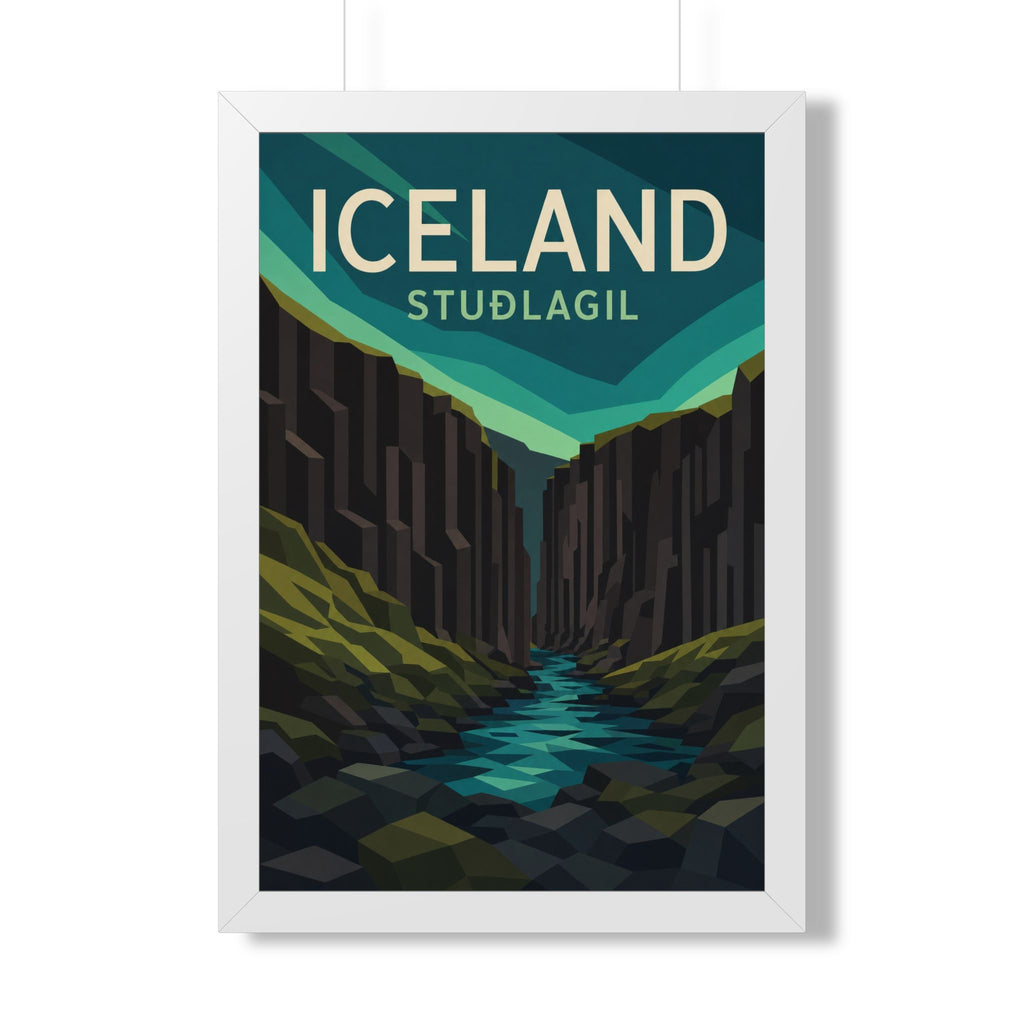 Stuðlagil Canyon Iceland Framed Poster | Vintage Travel Wall Art | Black Walnut White Frame | 16x24 20x30