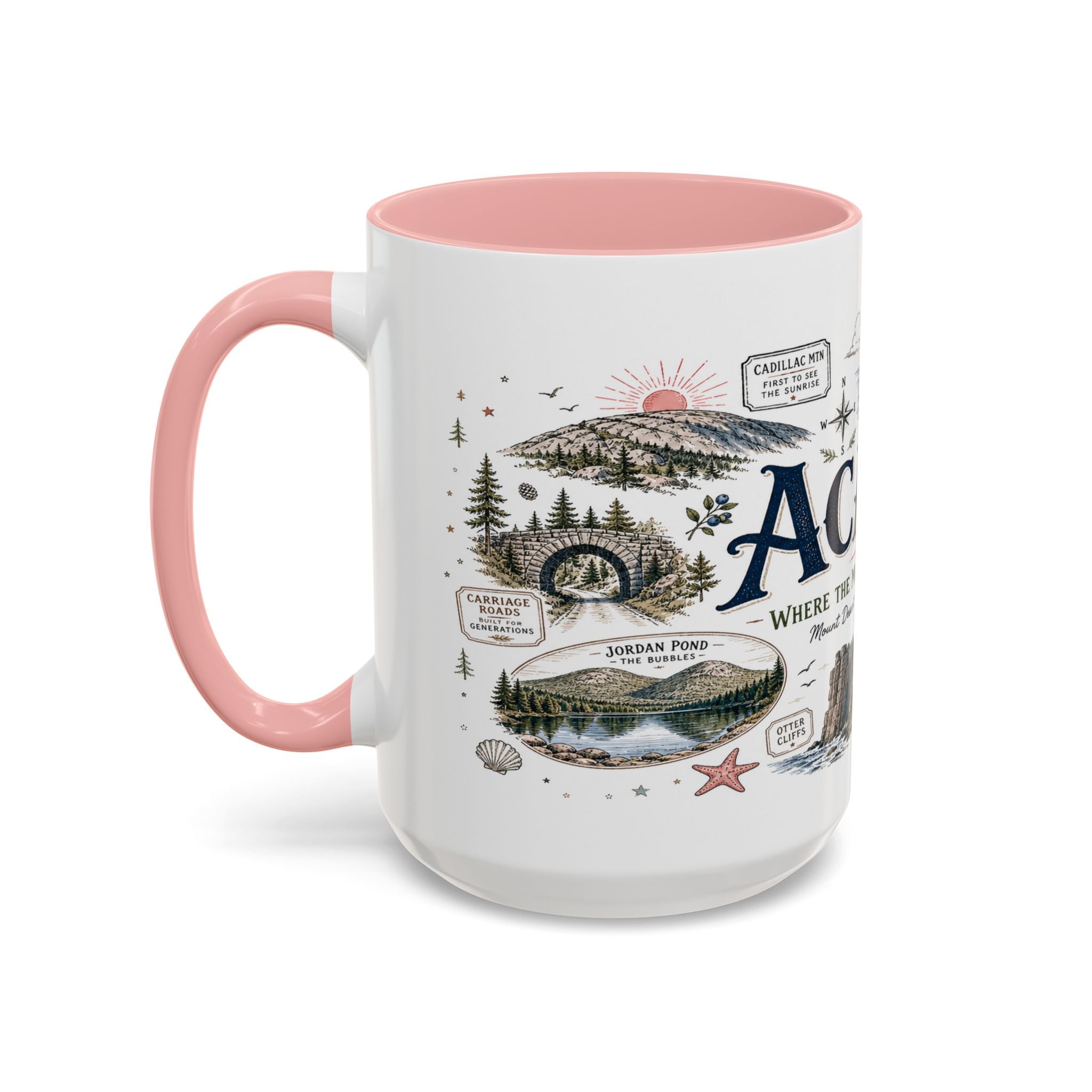 Acadia Coffee Mug | National Park Hiking Coastal Gift | Accent Color Ceramic 11oz 15oz
