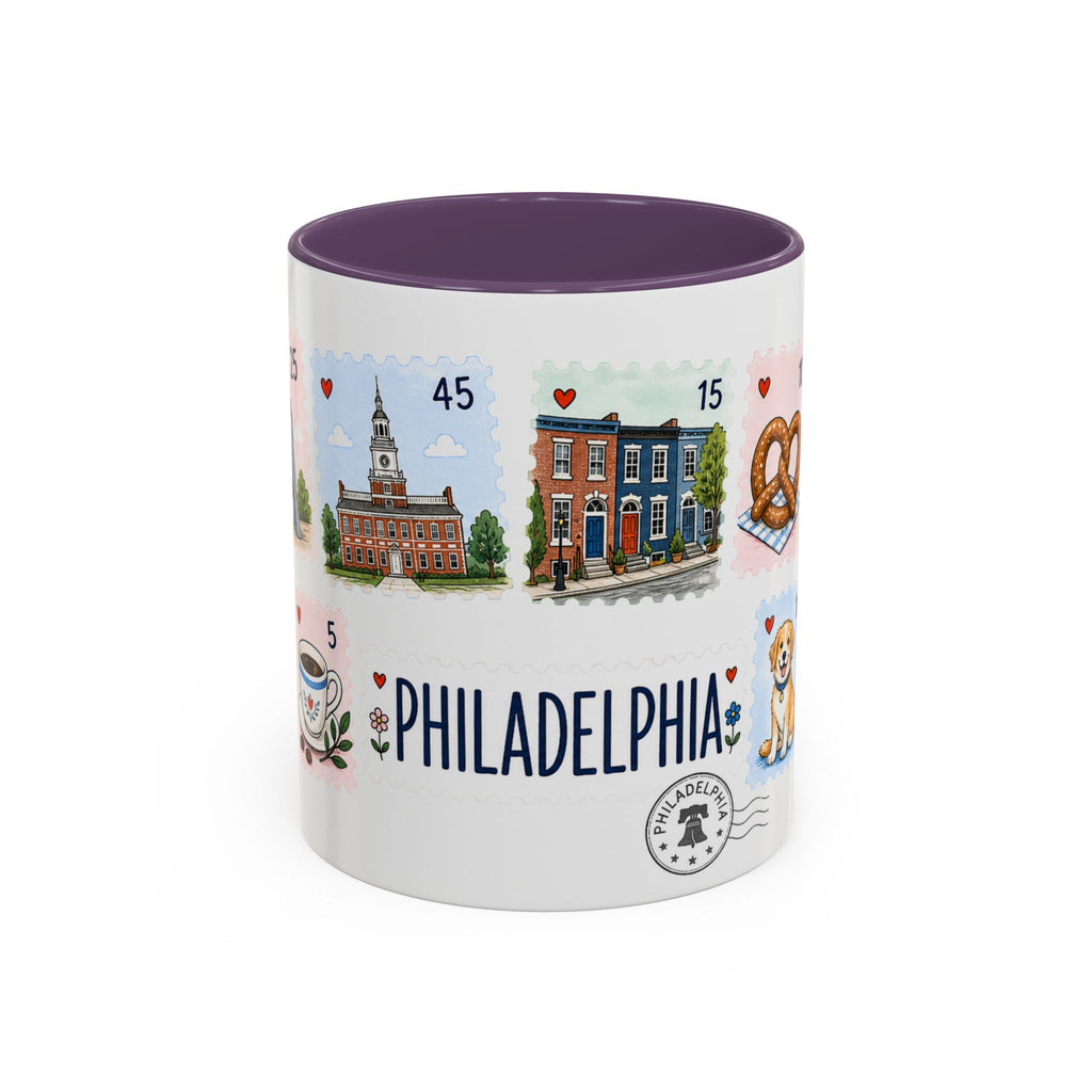 Philadelphia Coffee Mug | Postage Stamp Collage Mug | Travel Souvenir Accent Cup 11oz 15oz
