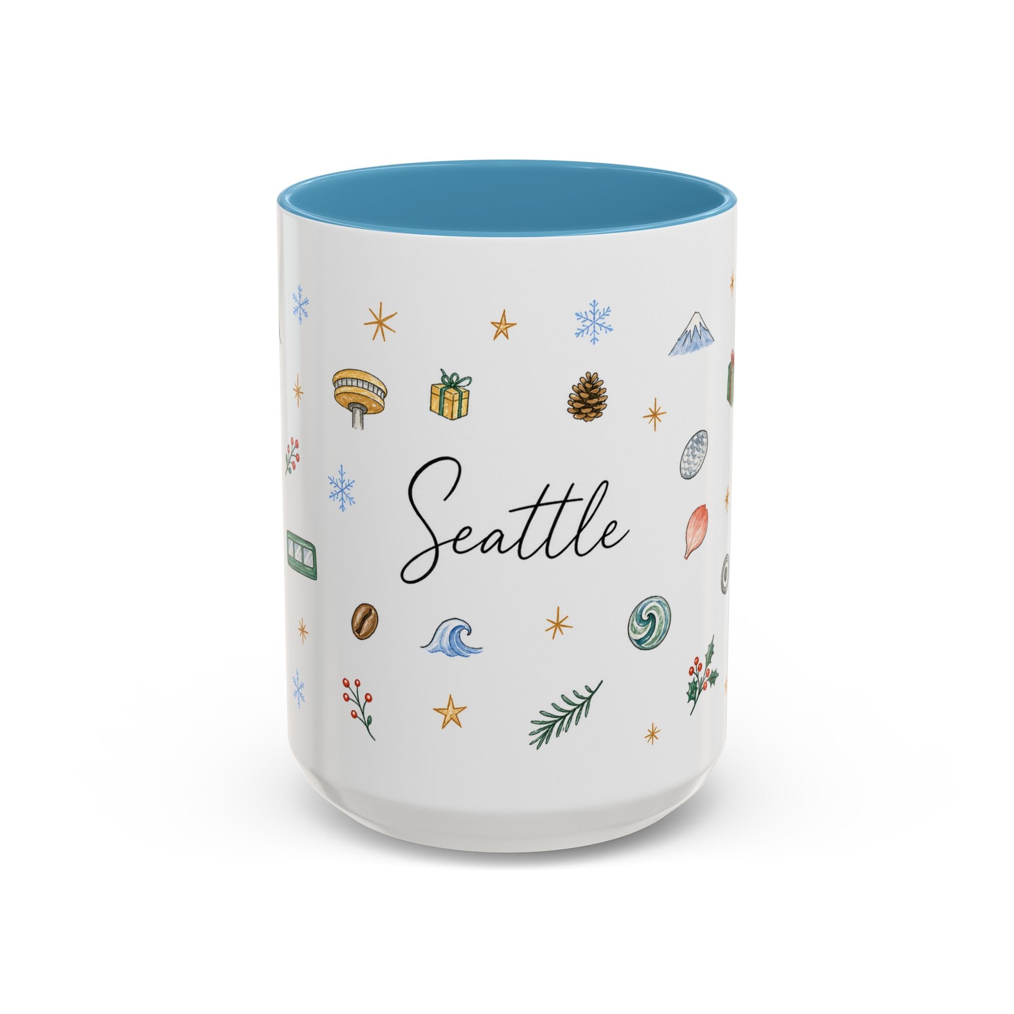 Seattle Christmas Mug | Watercolor Travel Souvenir | Holiday Gift | Accent Ceramic Coffee Cup 11oz 15oz