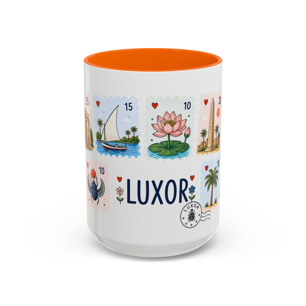 Luxor Coffee Mug | Postage Stamp Collage Mug | Travel Souvenir Accent Cup 11oz 15oz