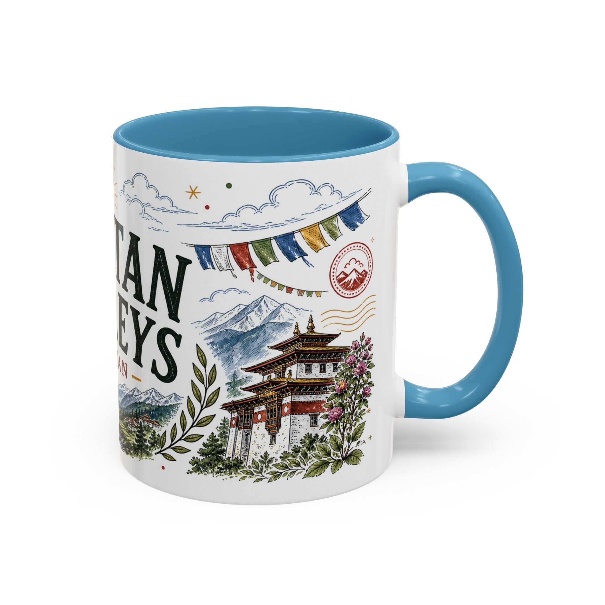 Bhutan Valleys Coffee Mug | Travel Destination Souvenir Gift | Accent Color Ceramic 11oz 15oz