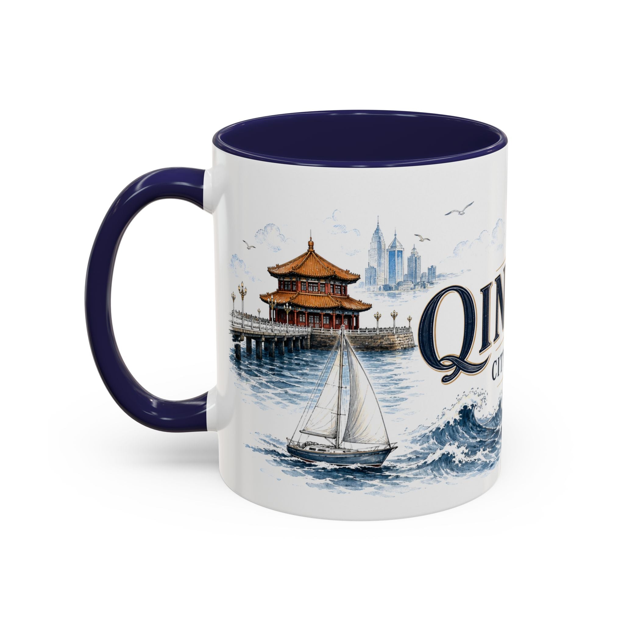 Qingdao Coffee Mug | China Travel Souvenir | Vintage Illustrated City Gift | 11 oz 15 oz Accent Mug