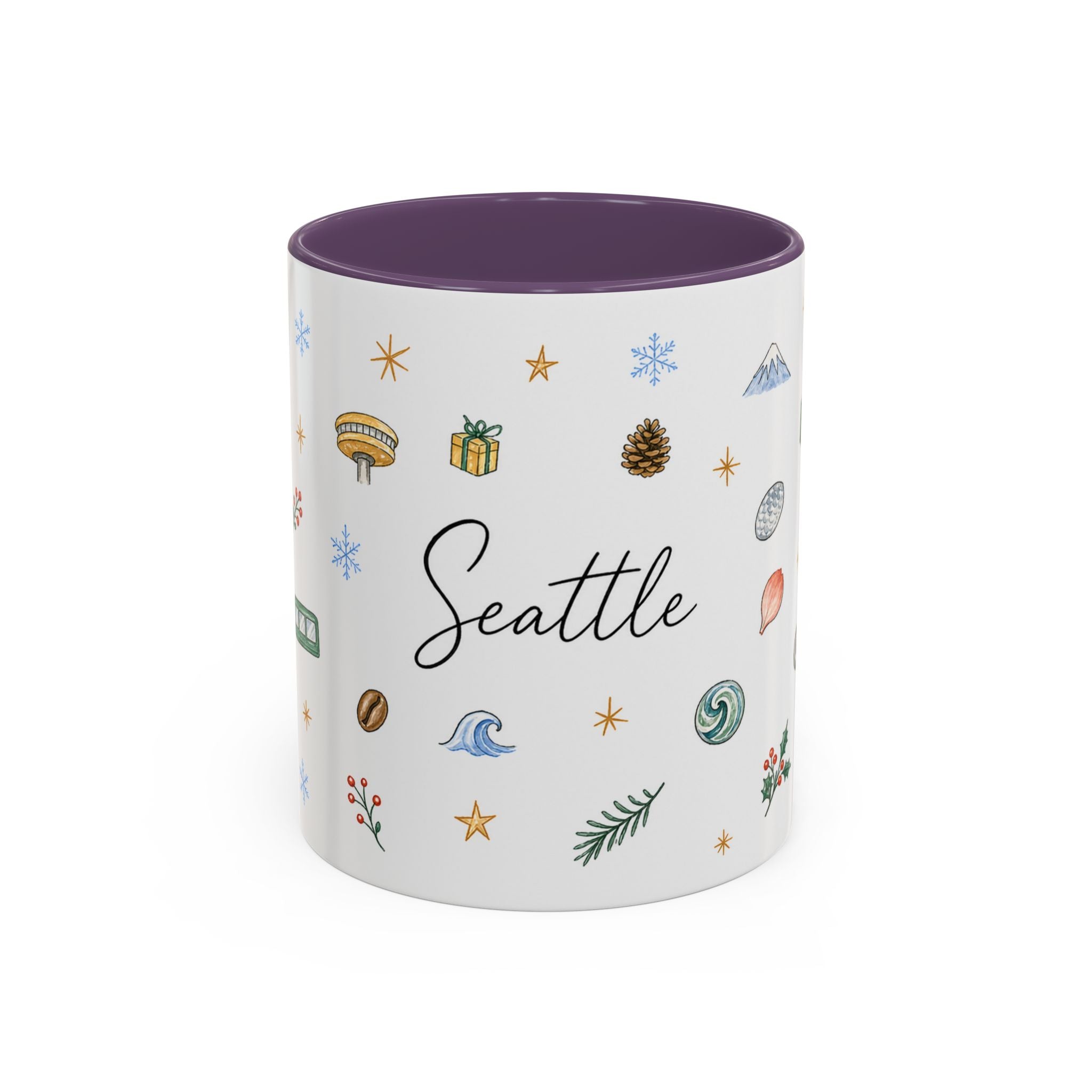 Seattle Christmas Mug | Watercolor Travel Souvenir | Holiday Gift | Accent Ceramic Coffee Cup 11oz 15oz
