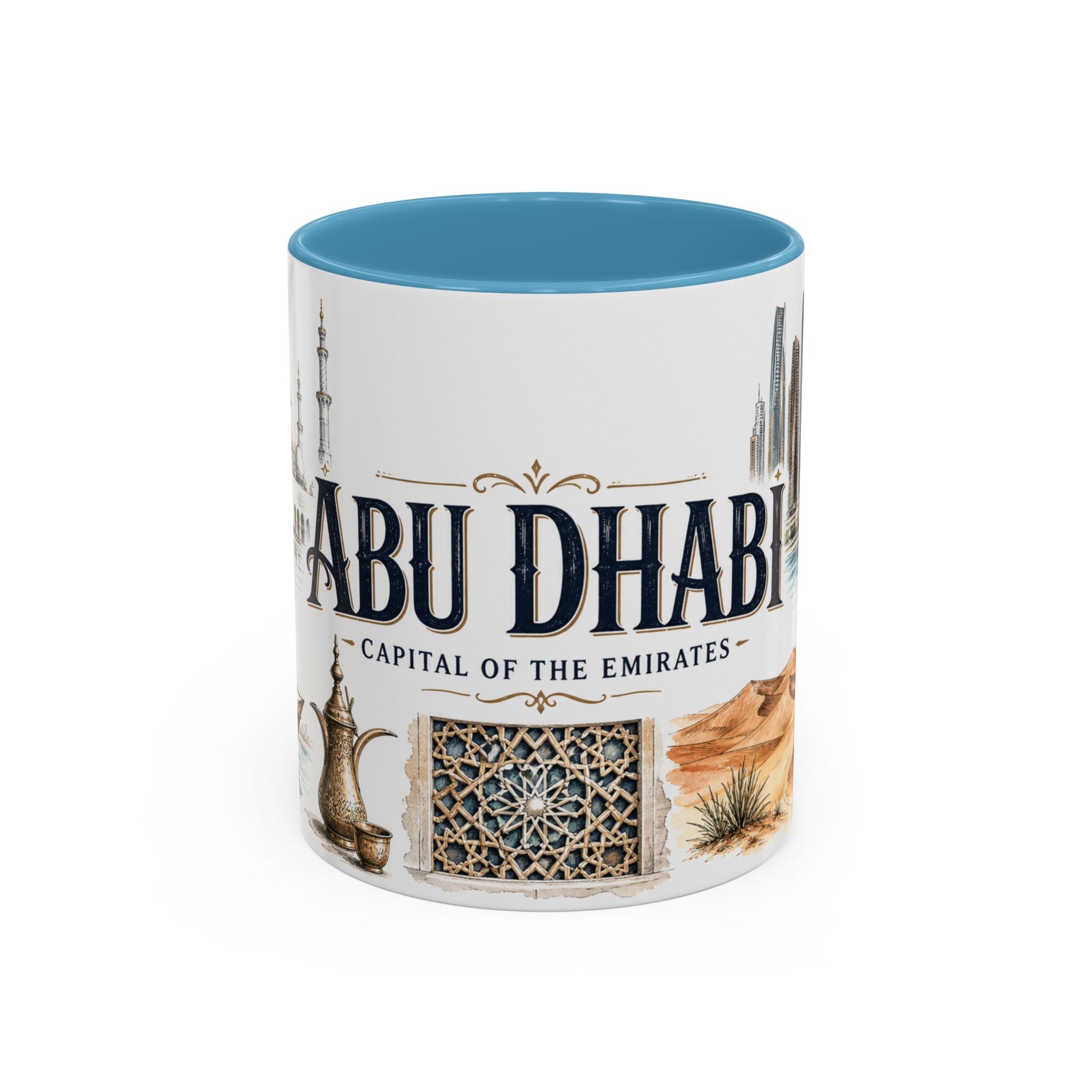 Abu Dhabi Coffee Mug | United Arab Emirates Travel Souvenir | Vintage Illustrated City Gift | 11 oz 15 oz Accent Mug