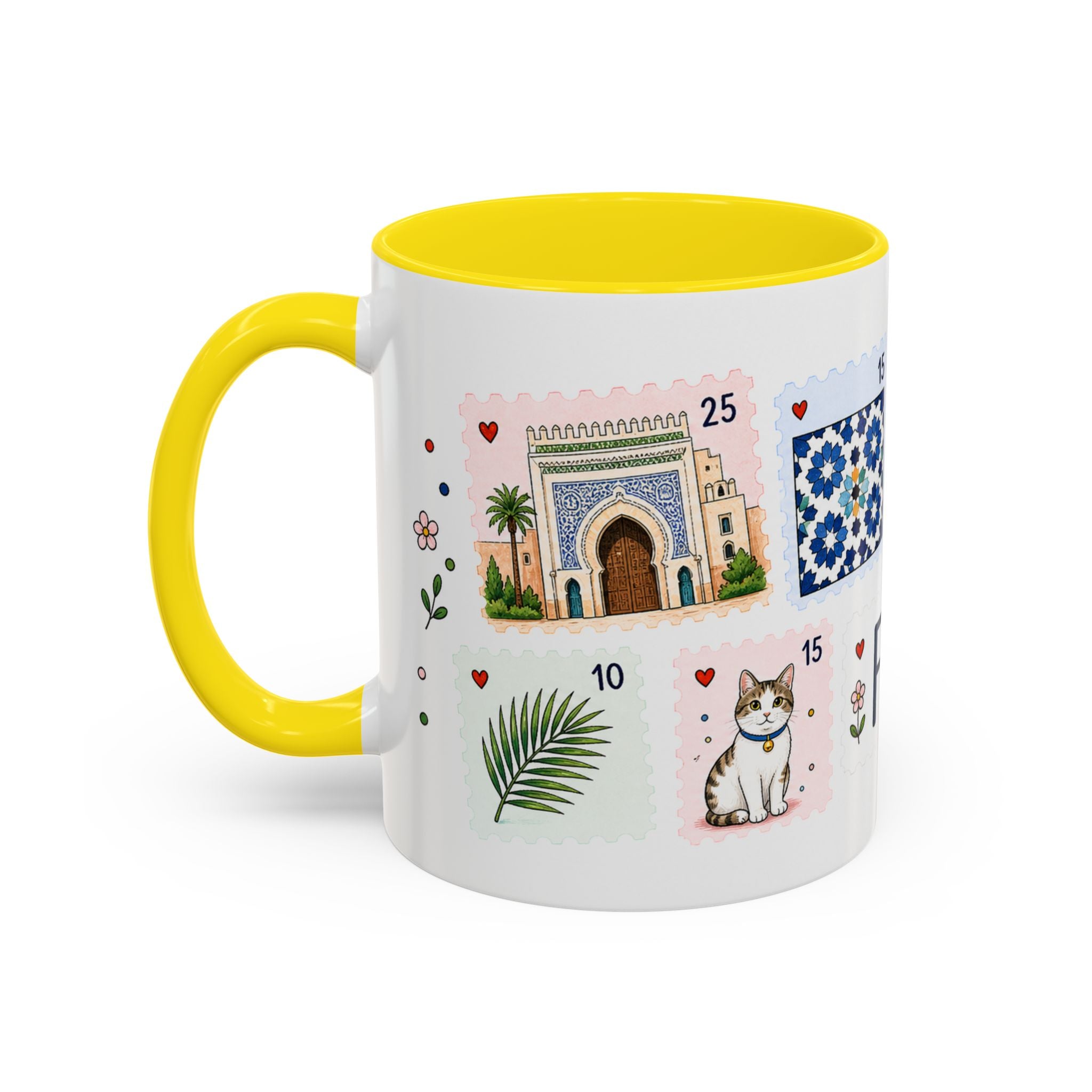 Fez Coffee Mug | Postage Stamp Collage Mug | Travel Souvenir Accent Cup 11oz 15oz