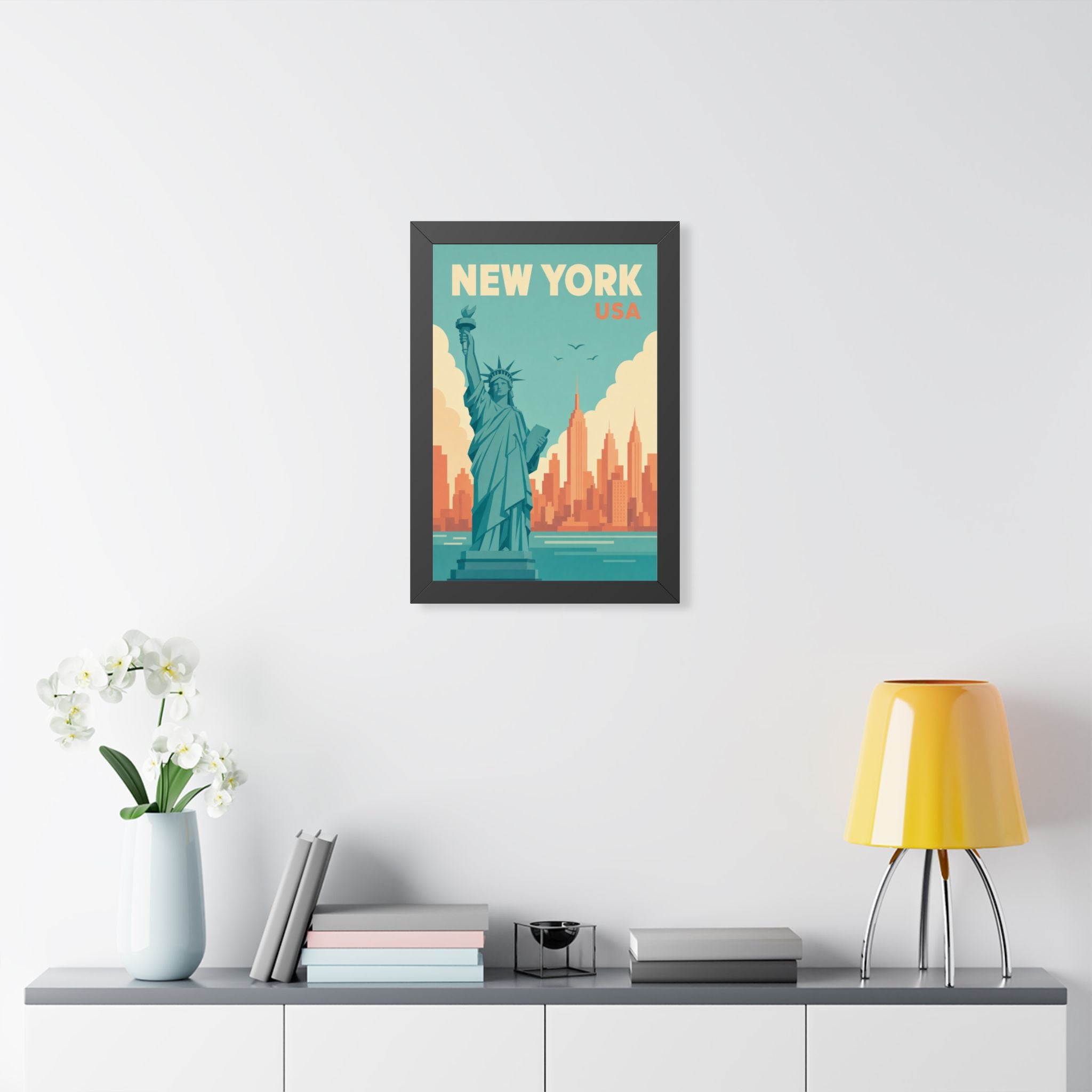 New York Harbor United States Framed Poster | Vintage Travel Wall Art | Black Walnut White Frame | 16x24 20x30